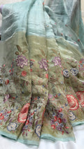 Pure Handloom Tissue Pattu Saree Sea blue colours with Iskot weaving technique and Hand Embroidery
