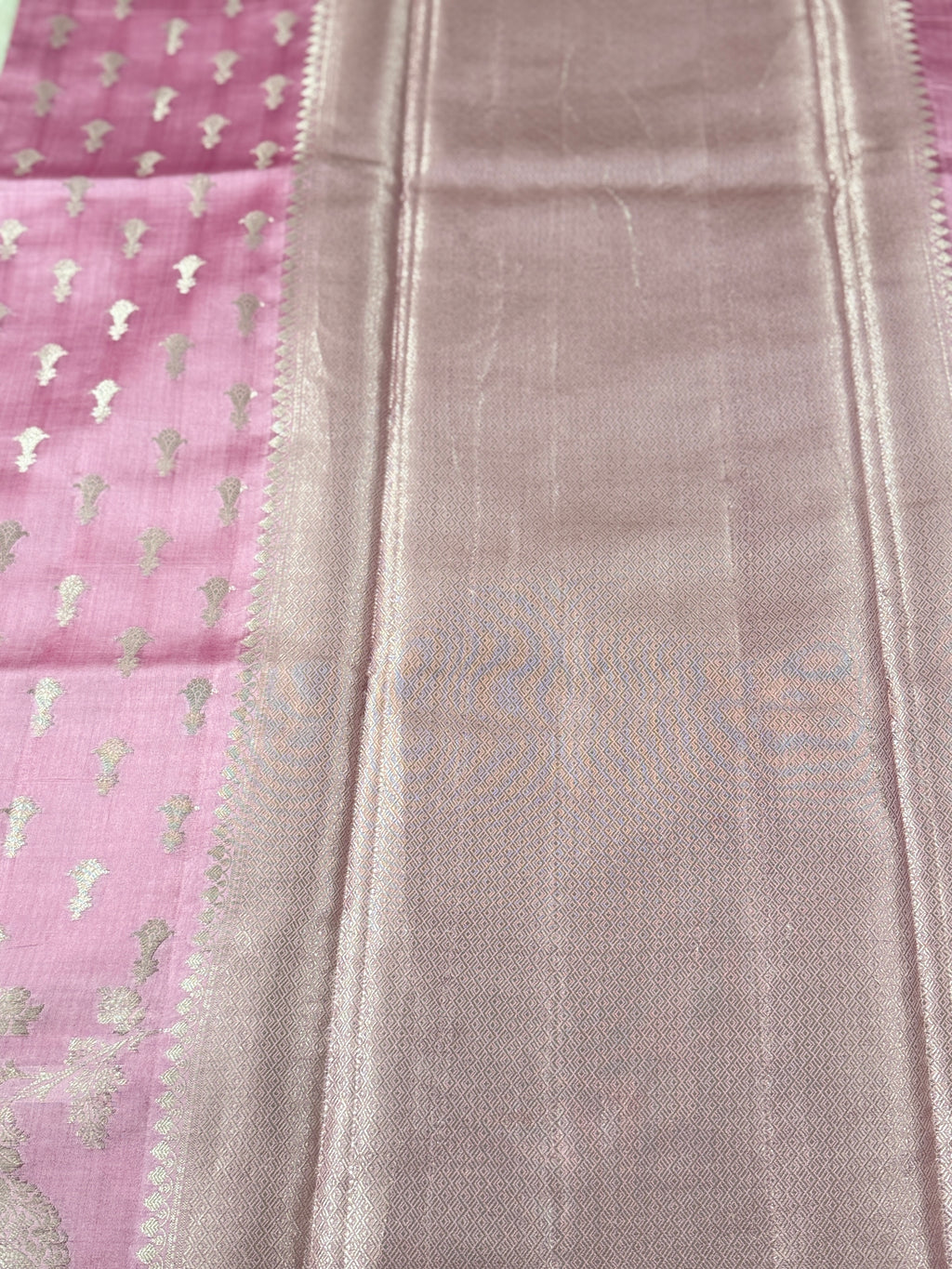 Pastel Pink Katan Silk Saree with Silver Zari Bird Motifs