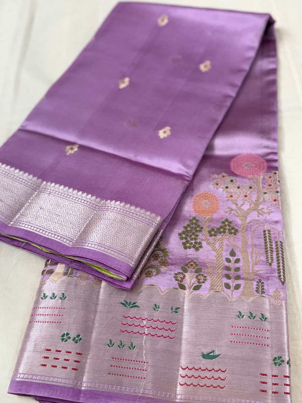 Pastel Lavender Katan Silk Saree with Wide Silver Zari Border