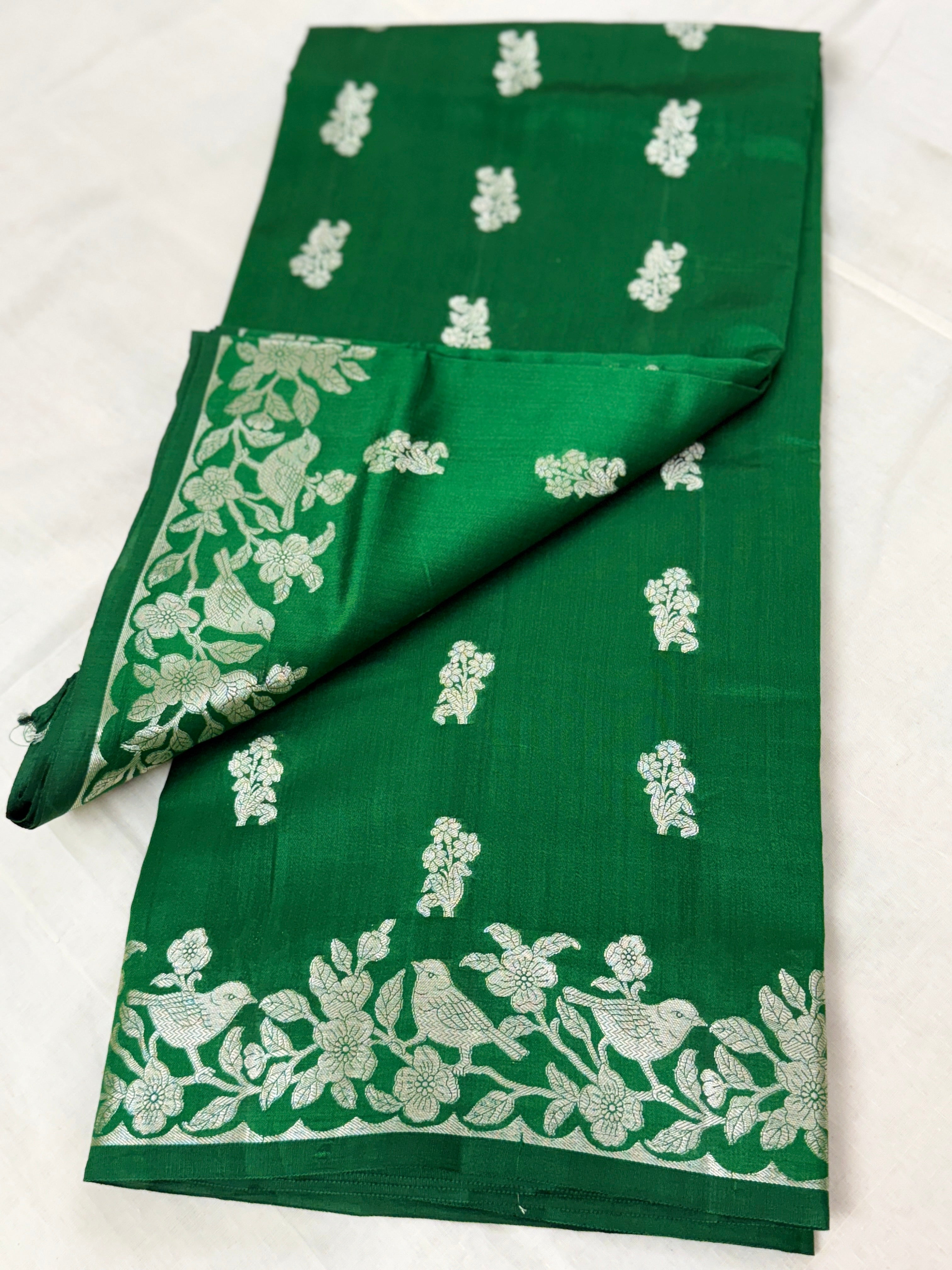 Bottle Green Katan Silk Saree with Silver Zari Bird & Floral Border
