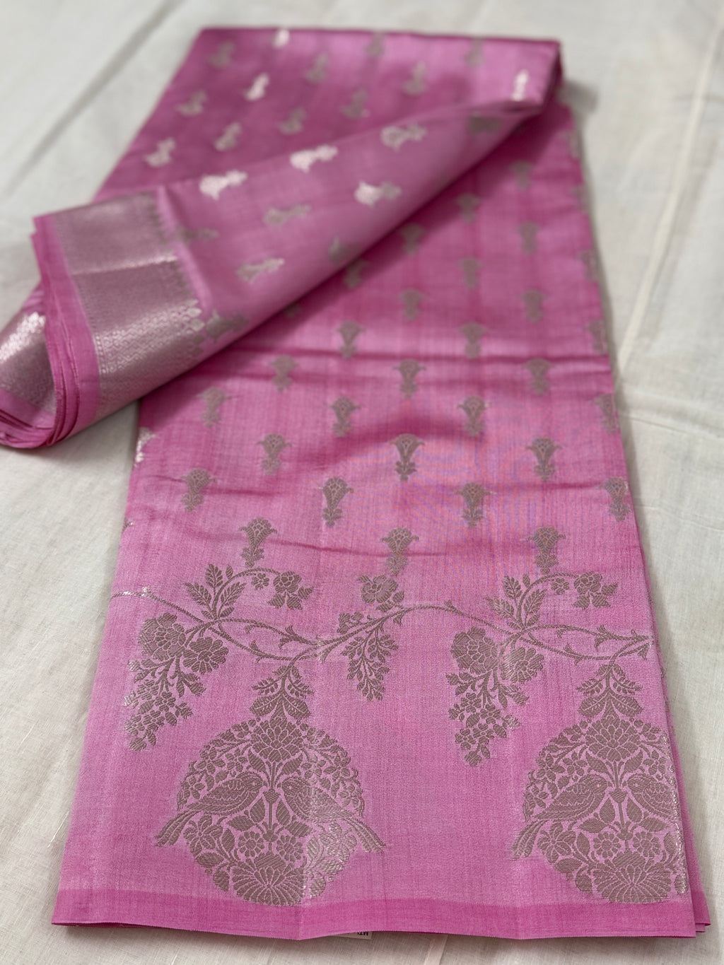 Pastel Pink Katan Silk Saree with Silver Zari Bird Motifs