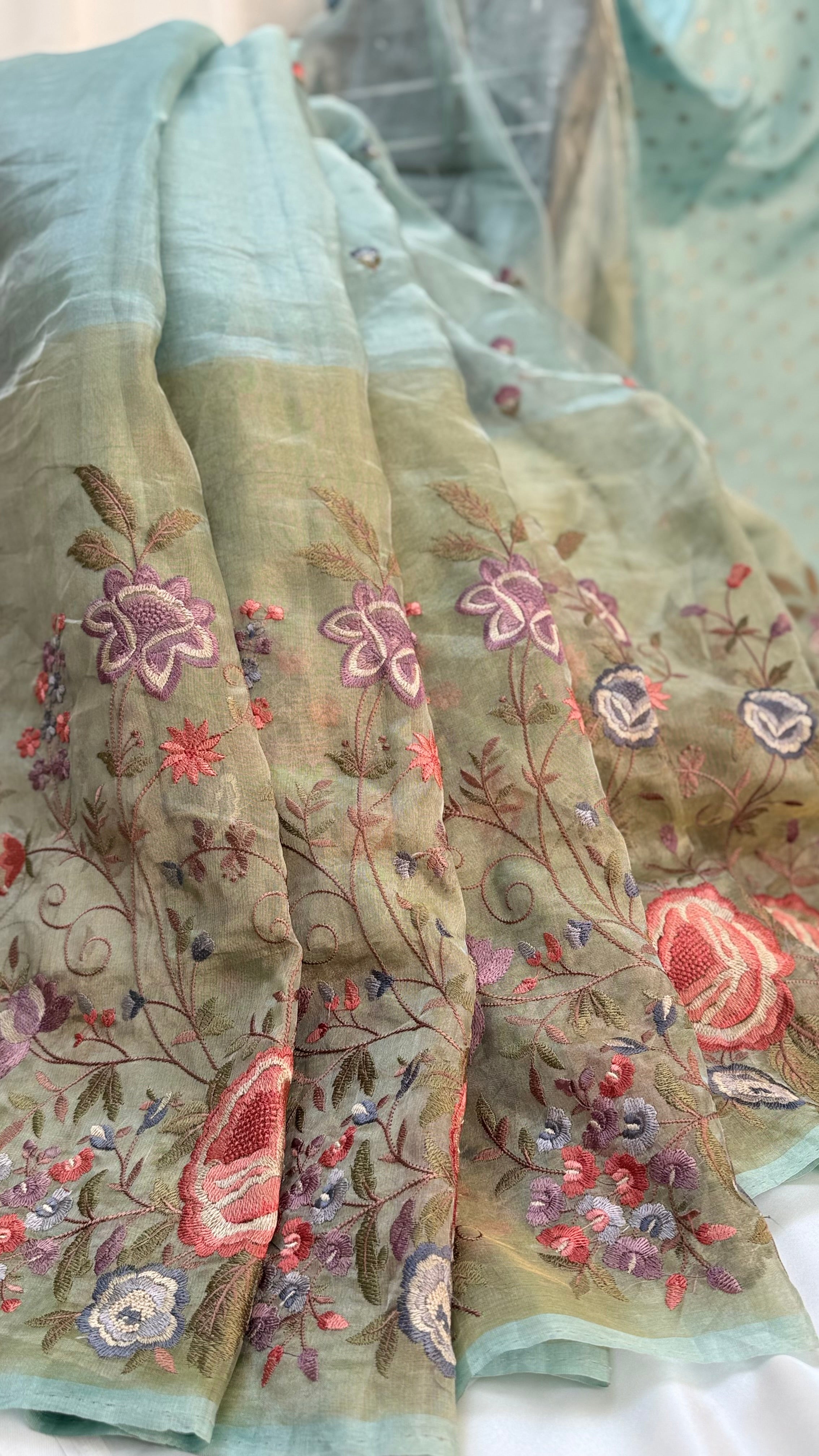 Pure Handloom Tissue Pattu Saree Sea blue colours with Iskot weaving technique and Hand Embroidery