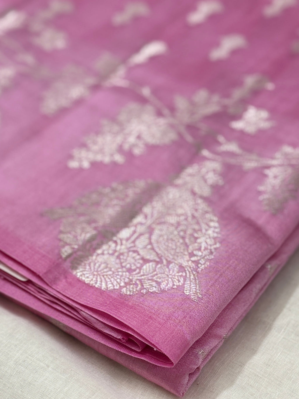 Pastel Pink Katan Silk Saree with Silver Zari Bird Motifs