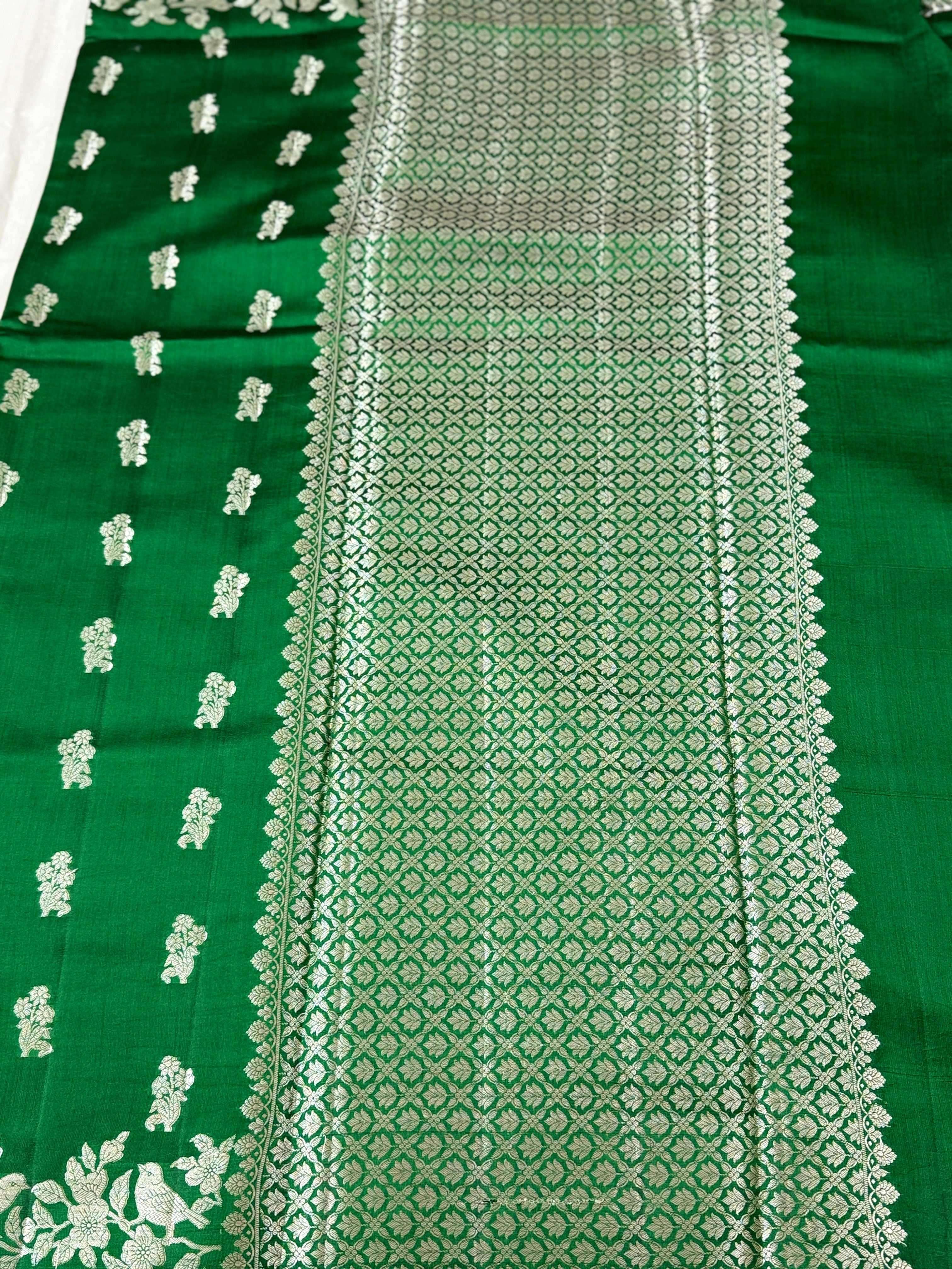 Bottle Green Katan Silk Saree with Silver Zari Bird & Floral Border