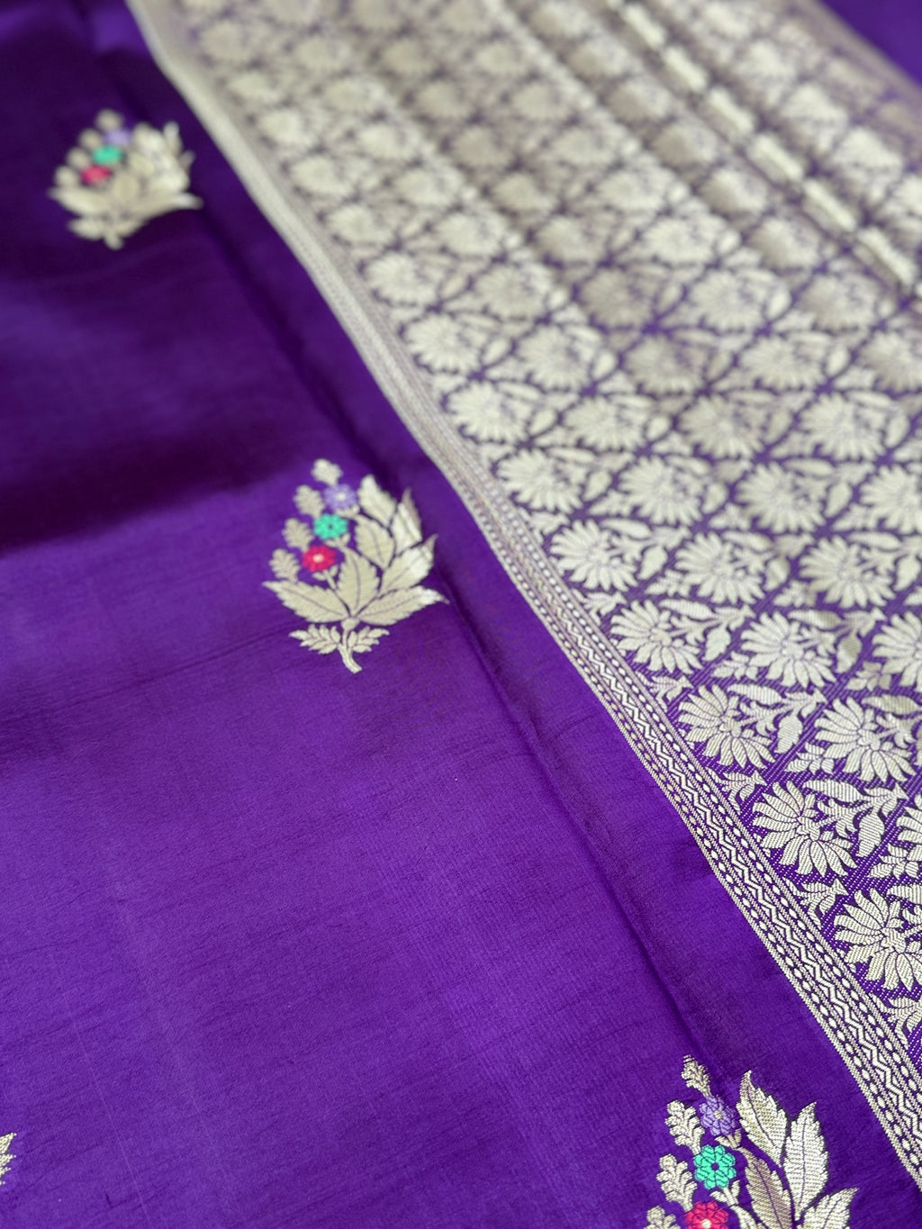 Deep Purple Premium Katan Silk Saree with Silver Zari Floral Motifs