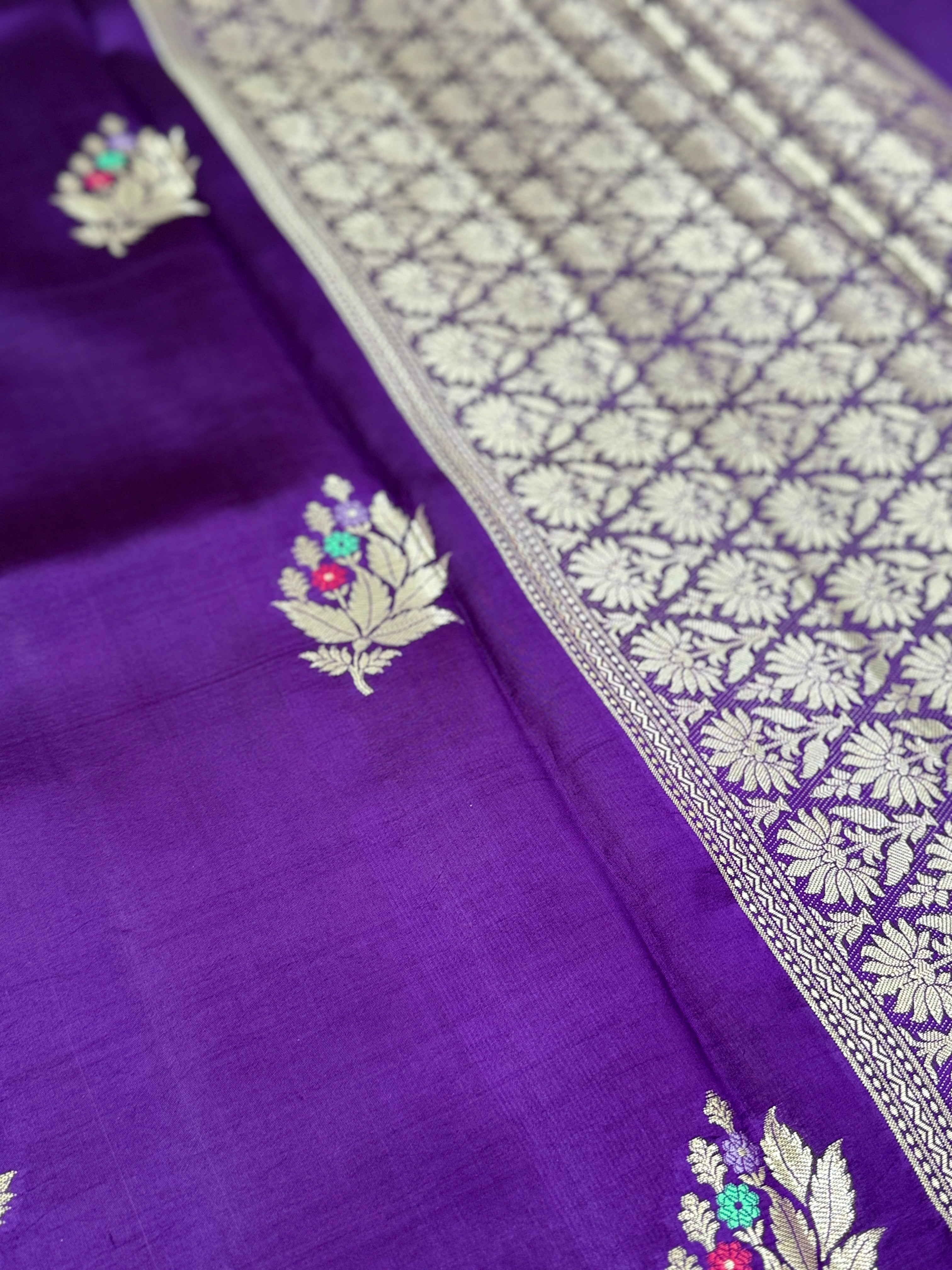 Deep Purple Premium Katan Silk Saree with Silver Zari Floral Motifs