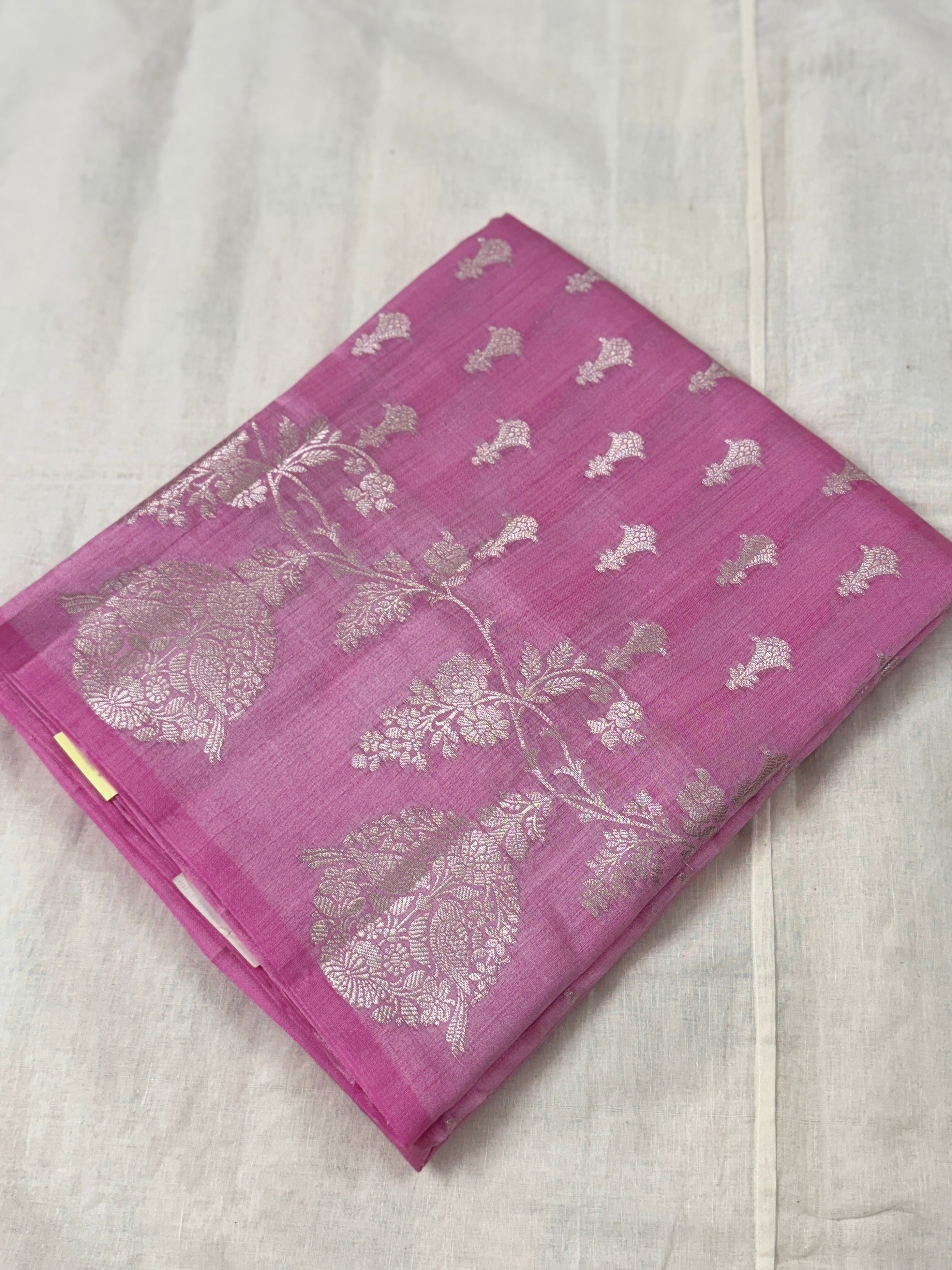 Pastel Pink Katan Silk Saree with Silver Zari Bird Motifs