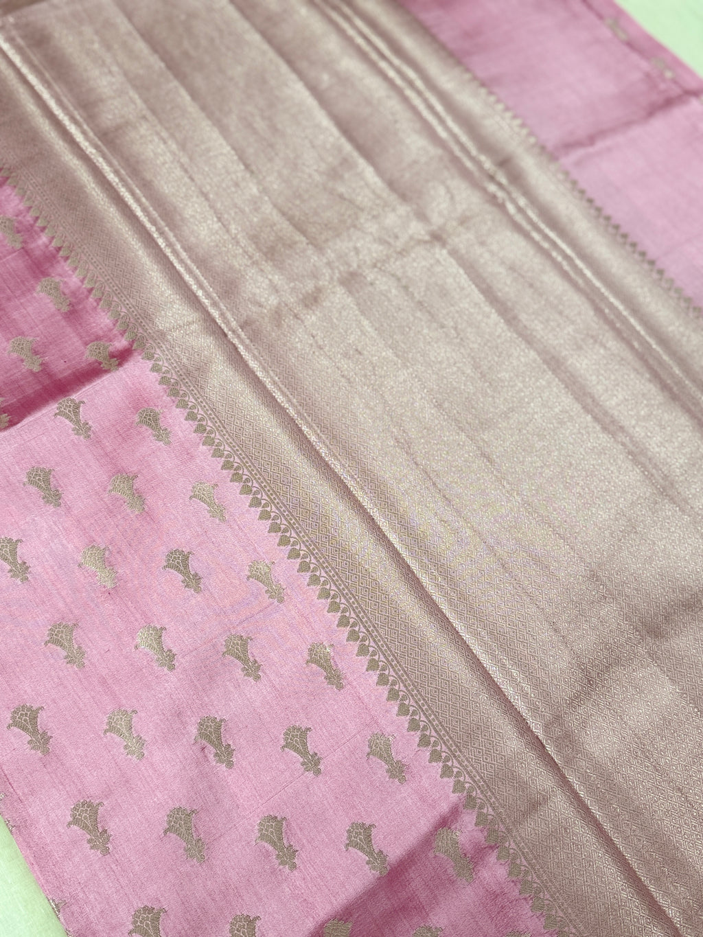 Pastel Pink Katan Silk Saree with Silver Zari Bird Motifs