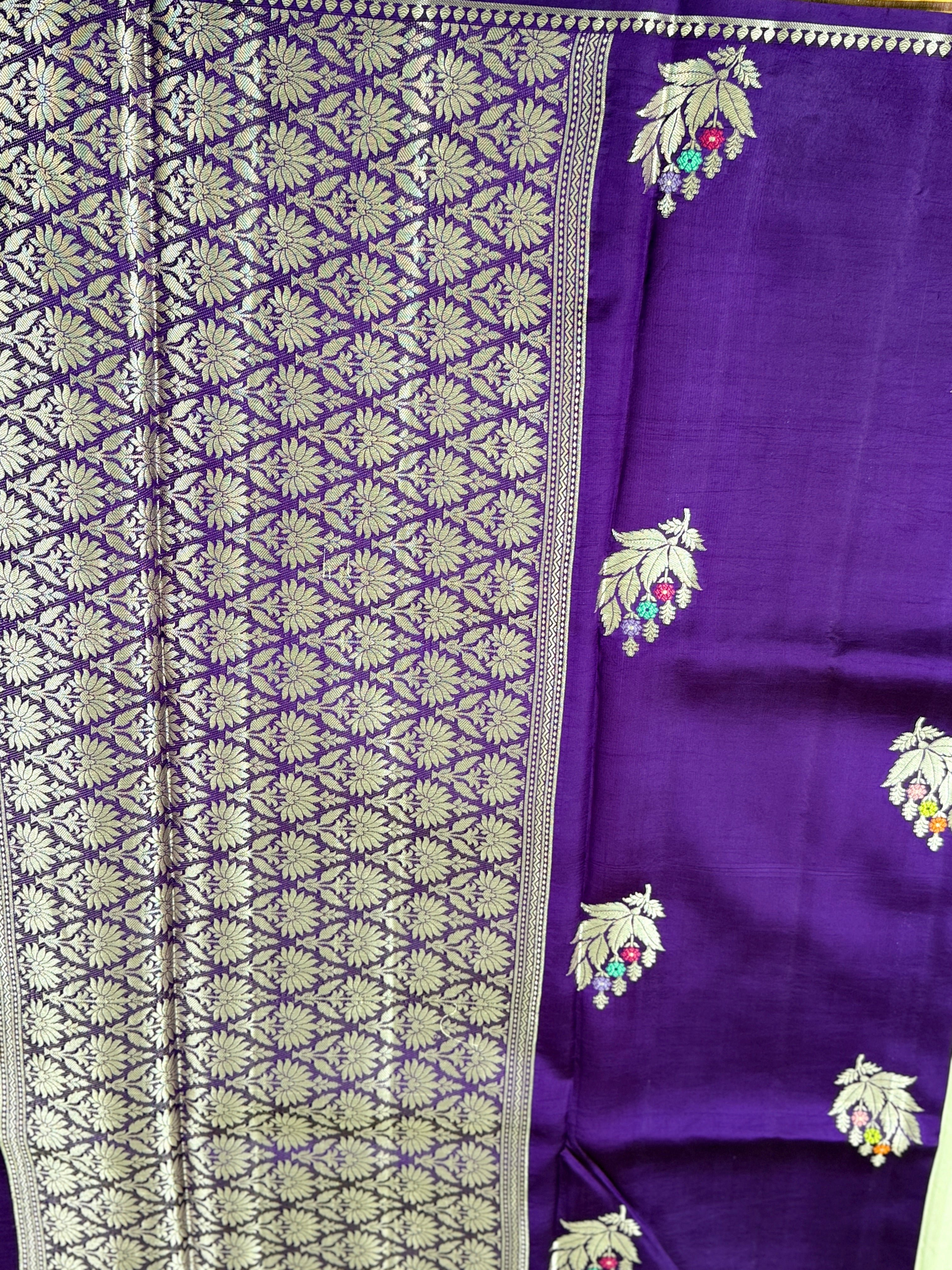 Deep Purple Premium Katan Silk Saree with Silver Zari Floral Motifs