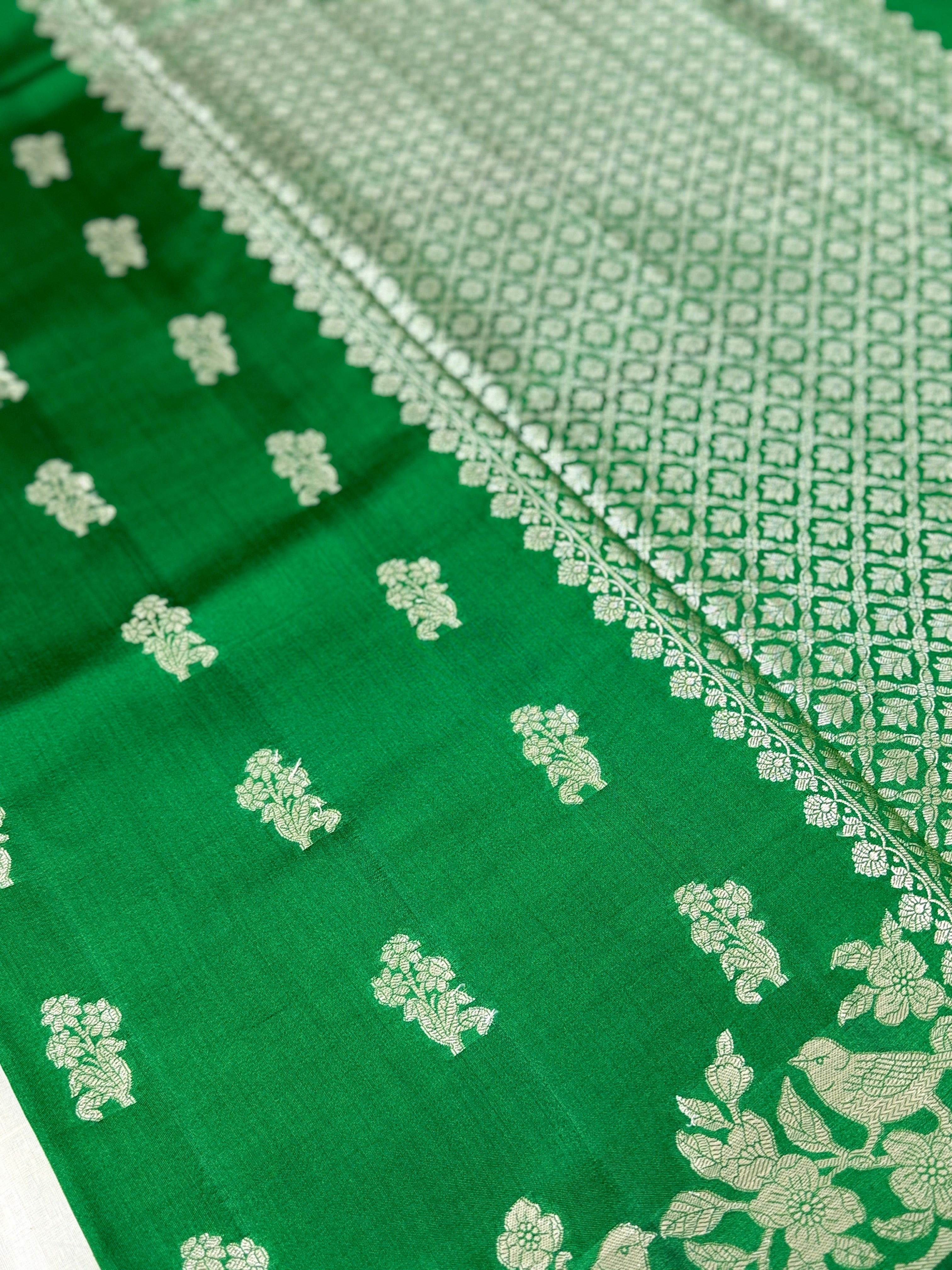 Bottle Green Katan Silk Saree with Silver Zari Bird & Floral Border