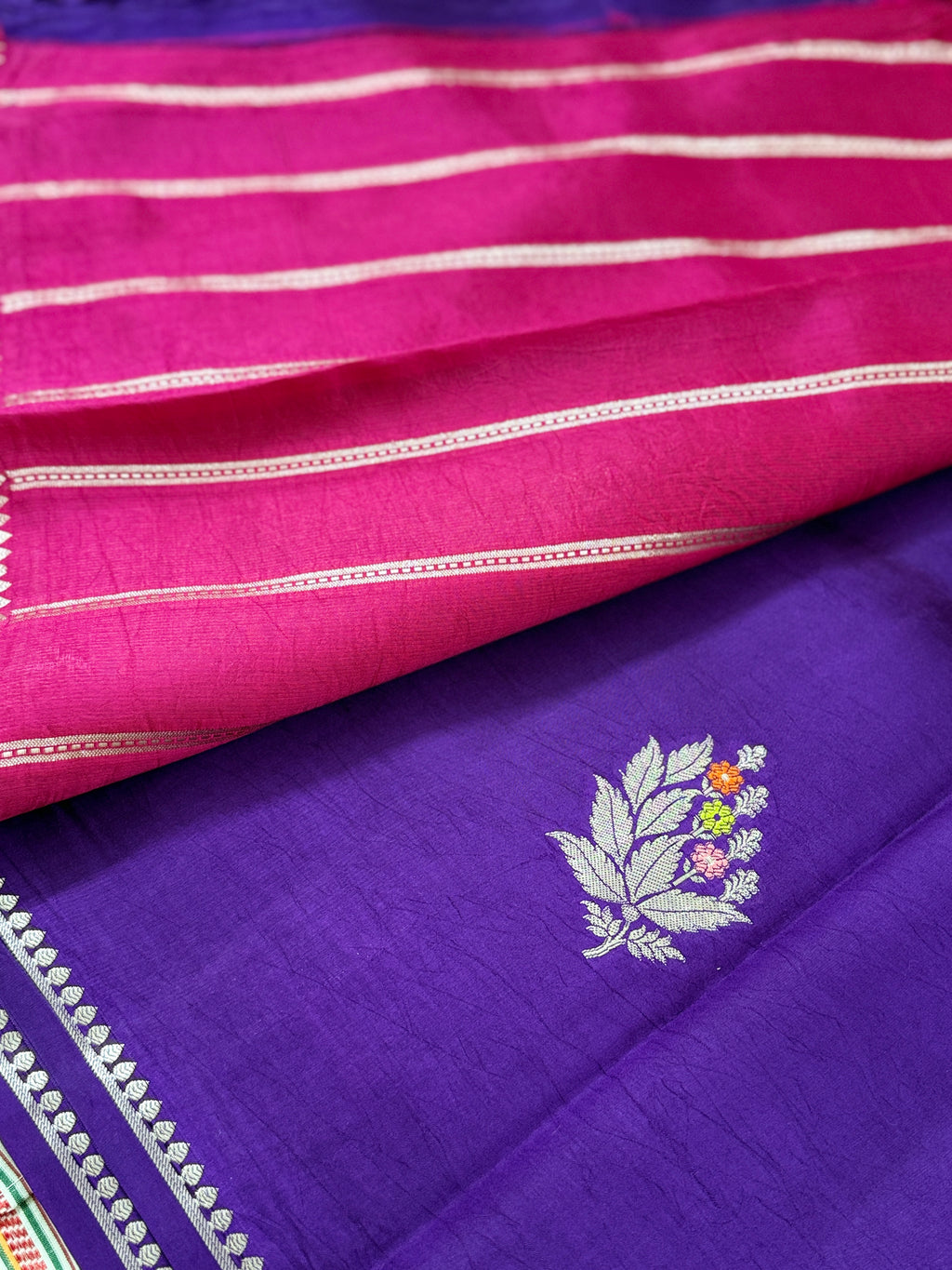 Deep Purple Premium Katan Silk Saree with Silver Zari Floral Motifs