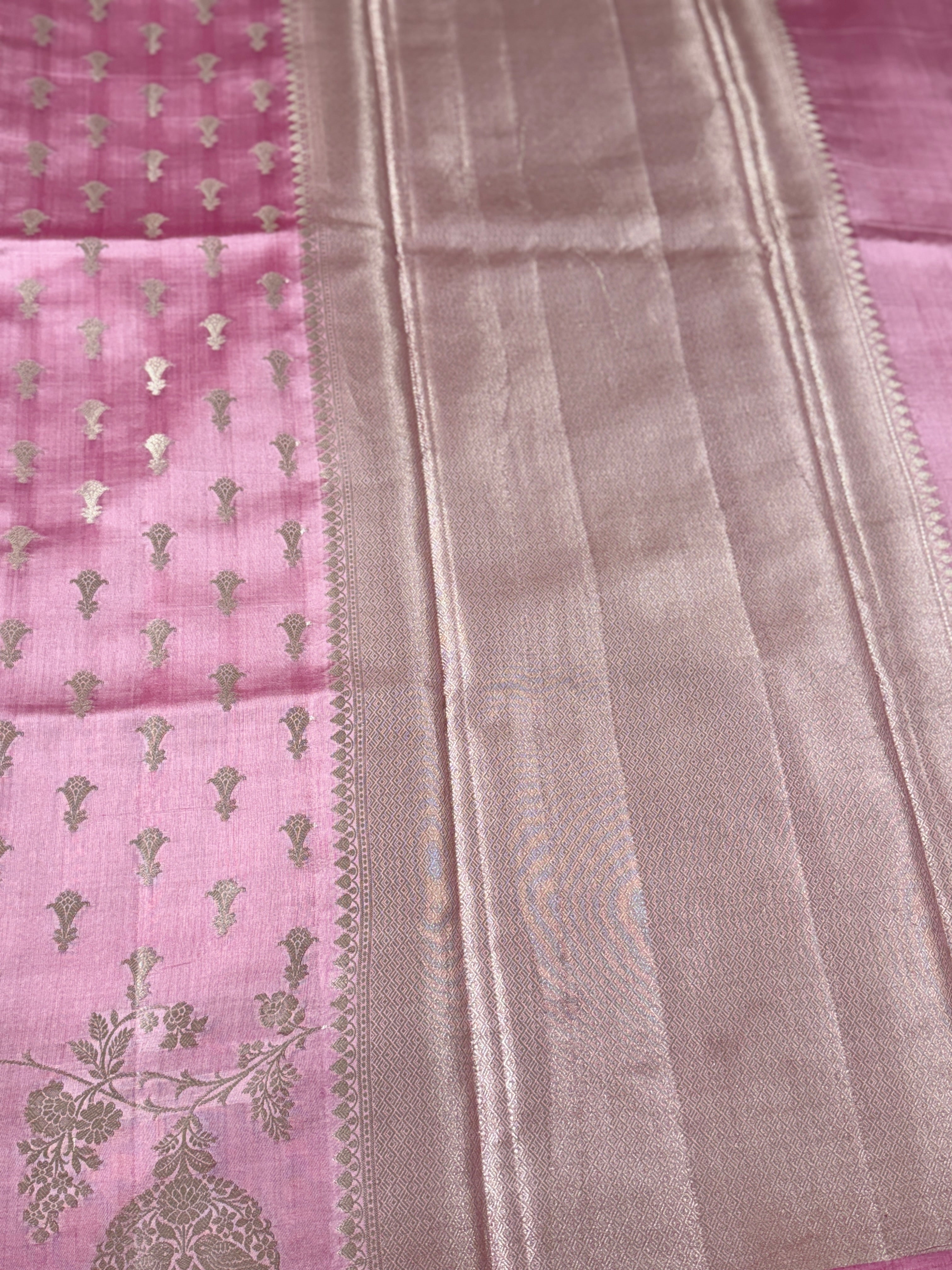 Pastel Pink Katan Silk Saree with Silver Zari Bird Motifs