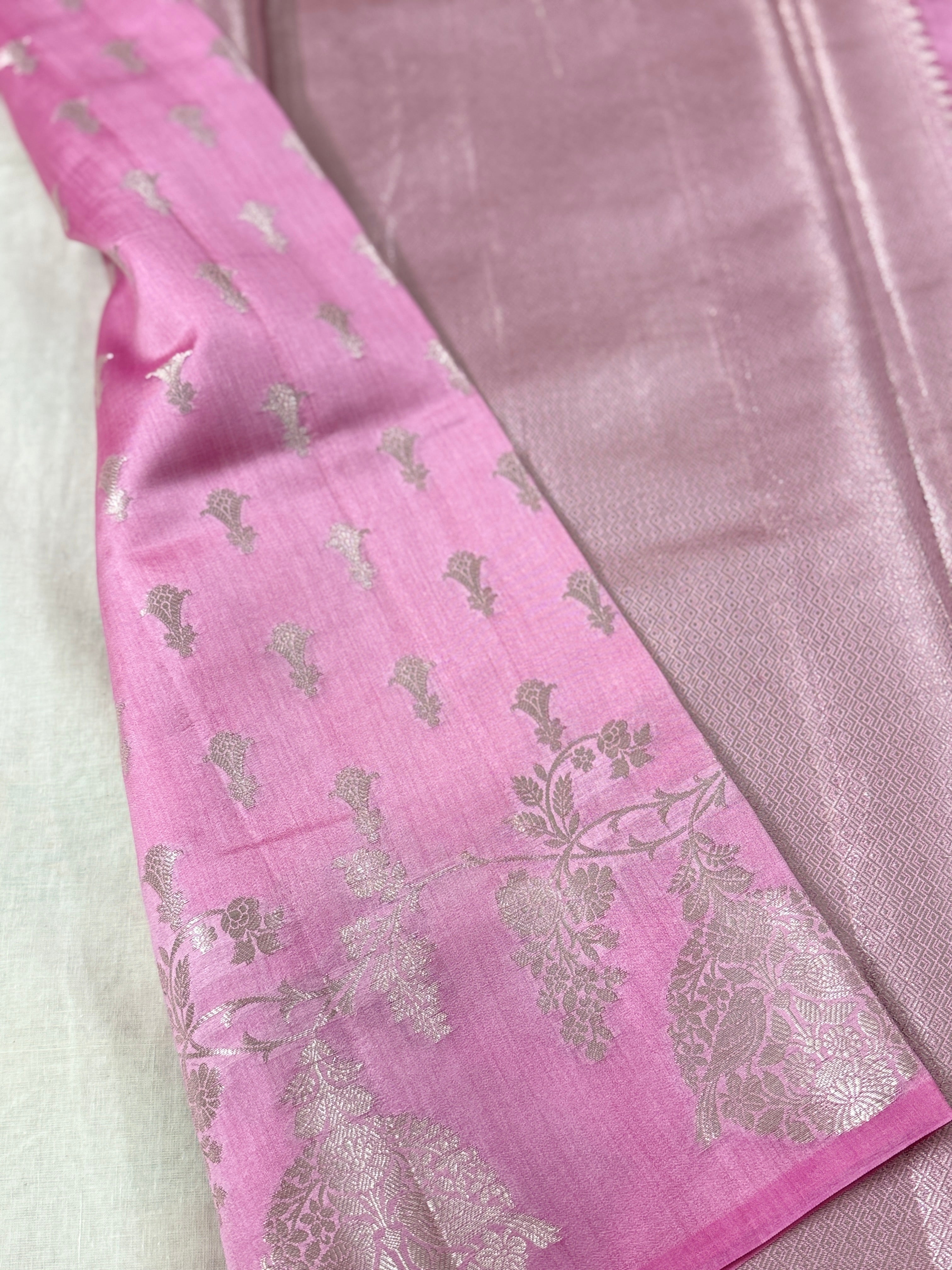 Pastel Pink Katan Silk Saree with Silver Zari Bird Motifs