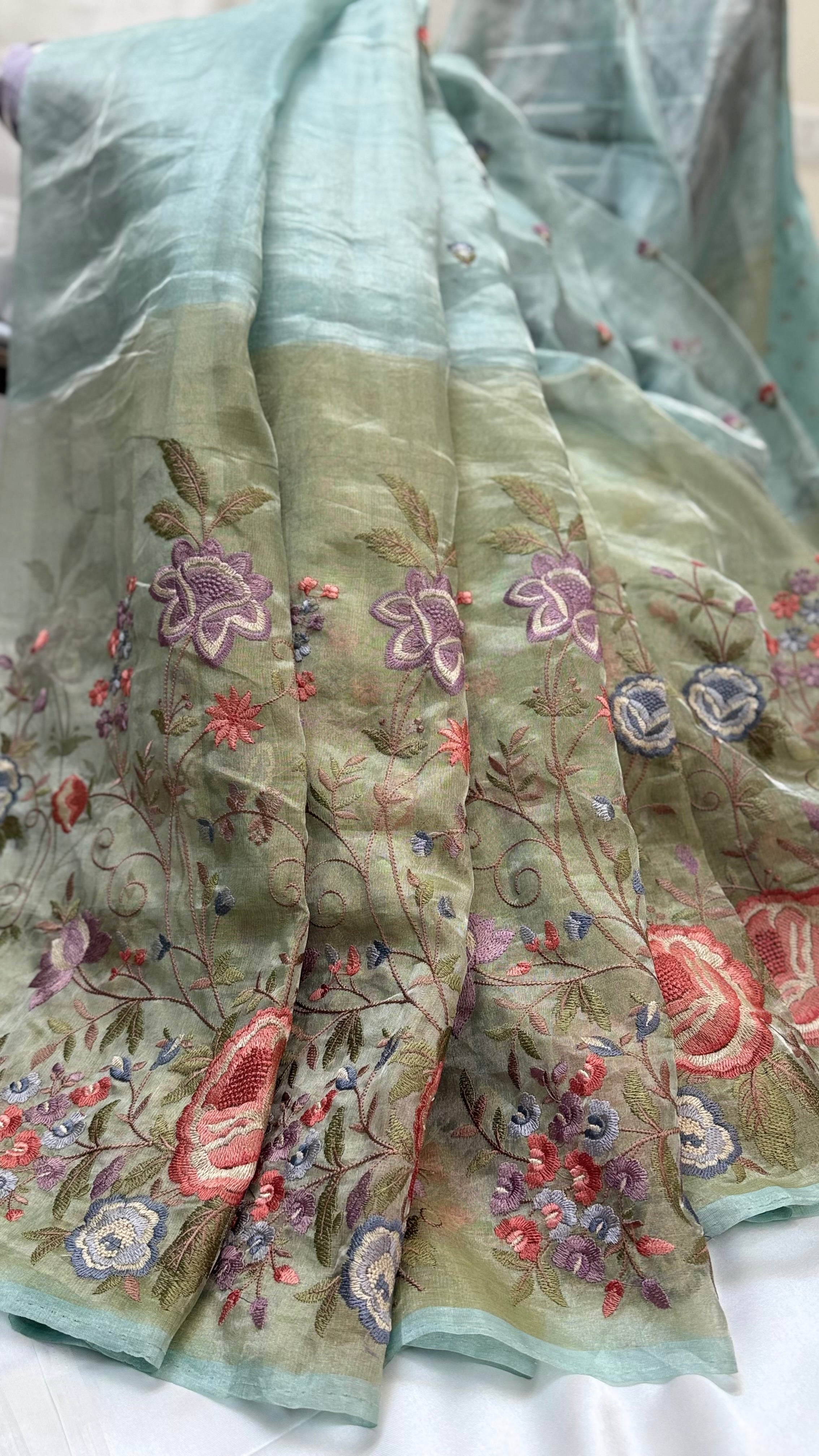Pure Handloom Tissue Pattu Saree Sea blue colours with Iskot weaving technique and Hand Embroidery