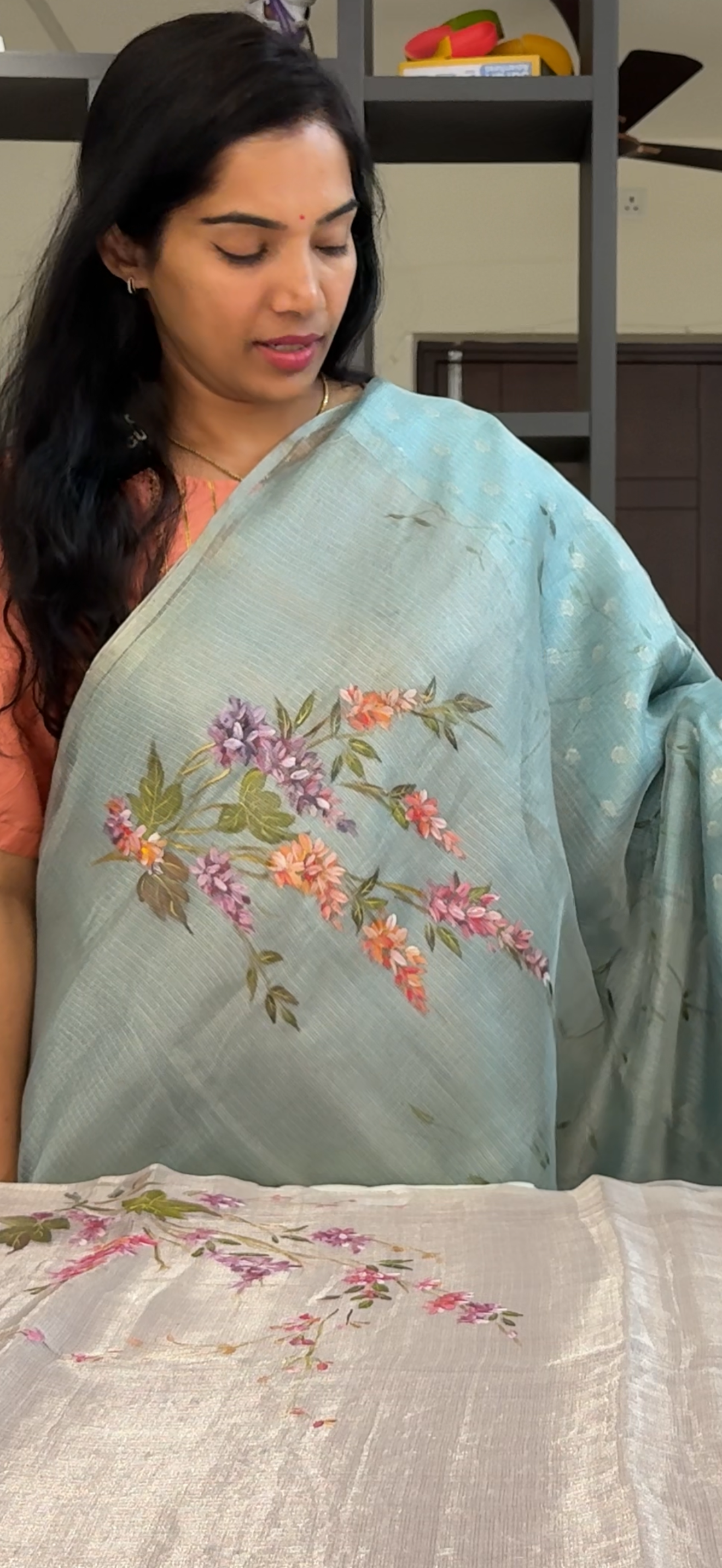 Hand Painting on Pure Tissue Pattu Pastel Sea Blue Saree