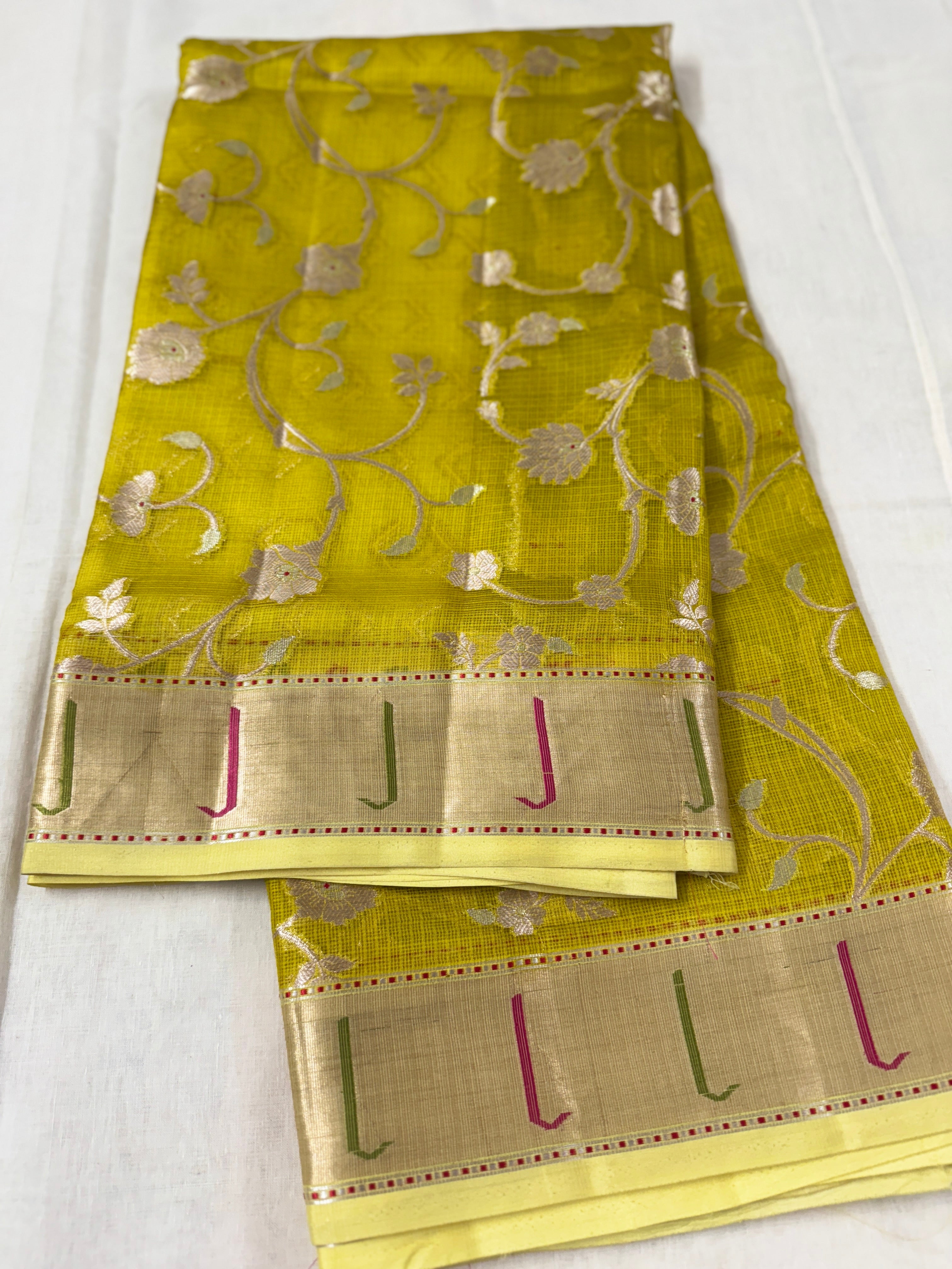 Lime Green Kota Silk Saree with Muniya Border