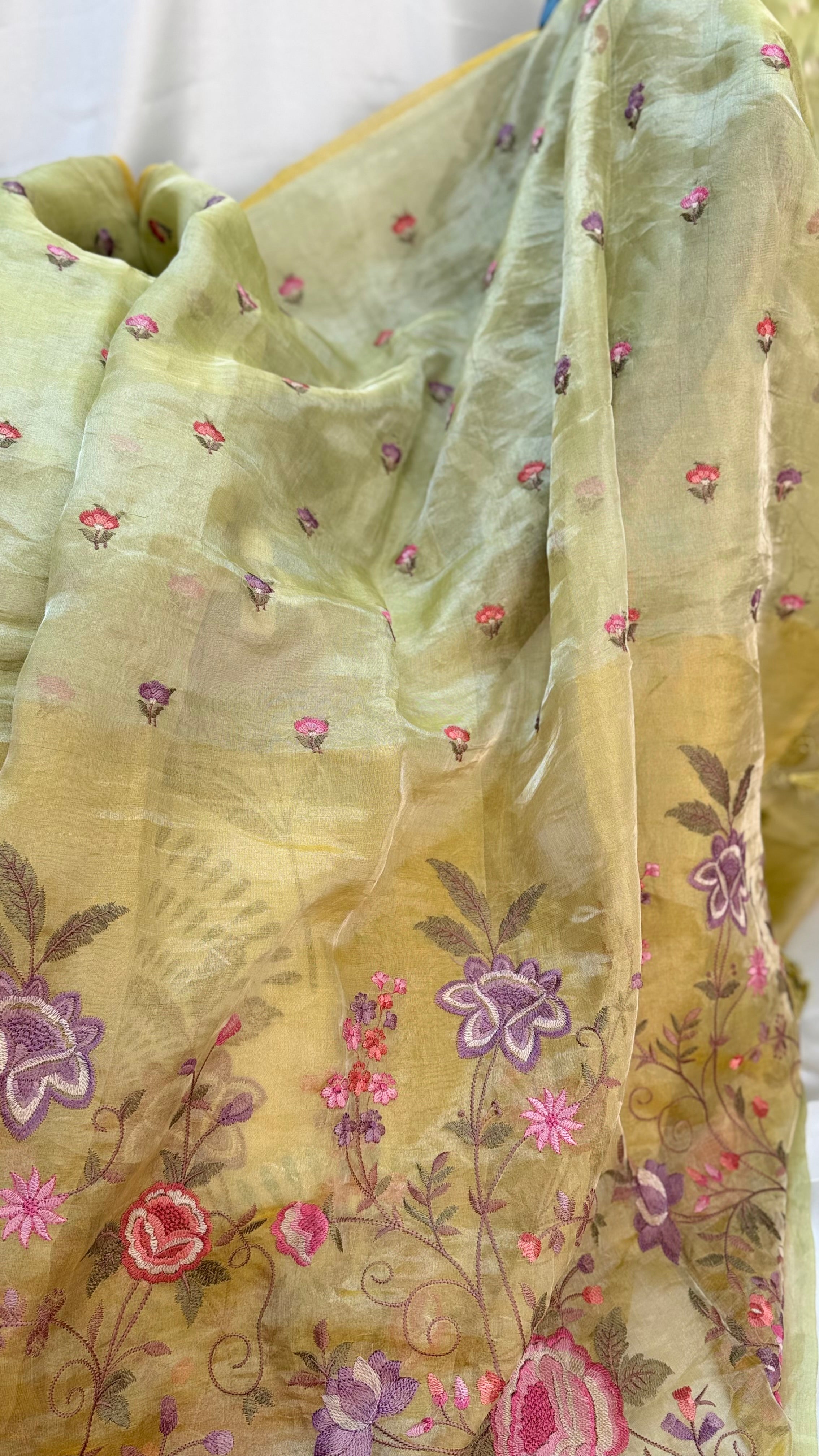 Pure Handloom Tissue Pattu Saree with Iskot weaving technique and Hand Embroidery