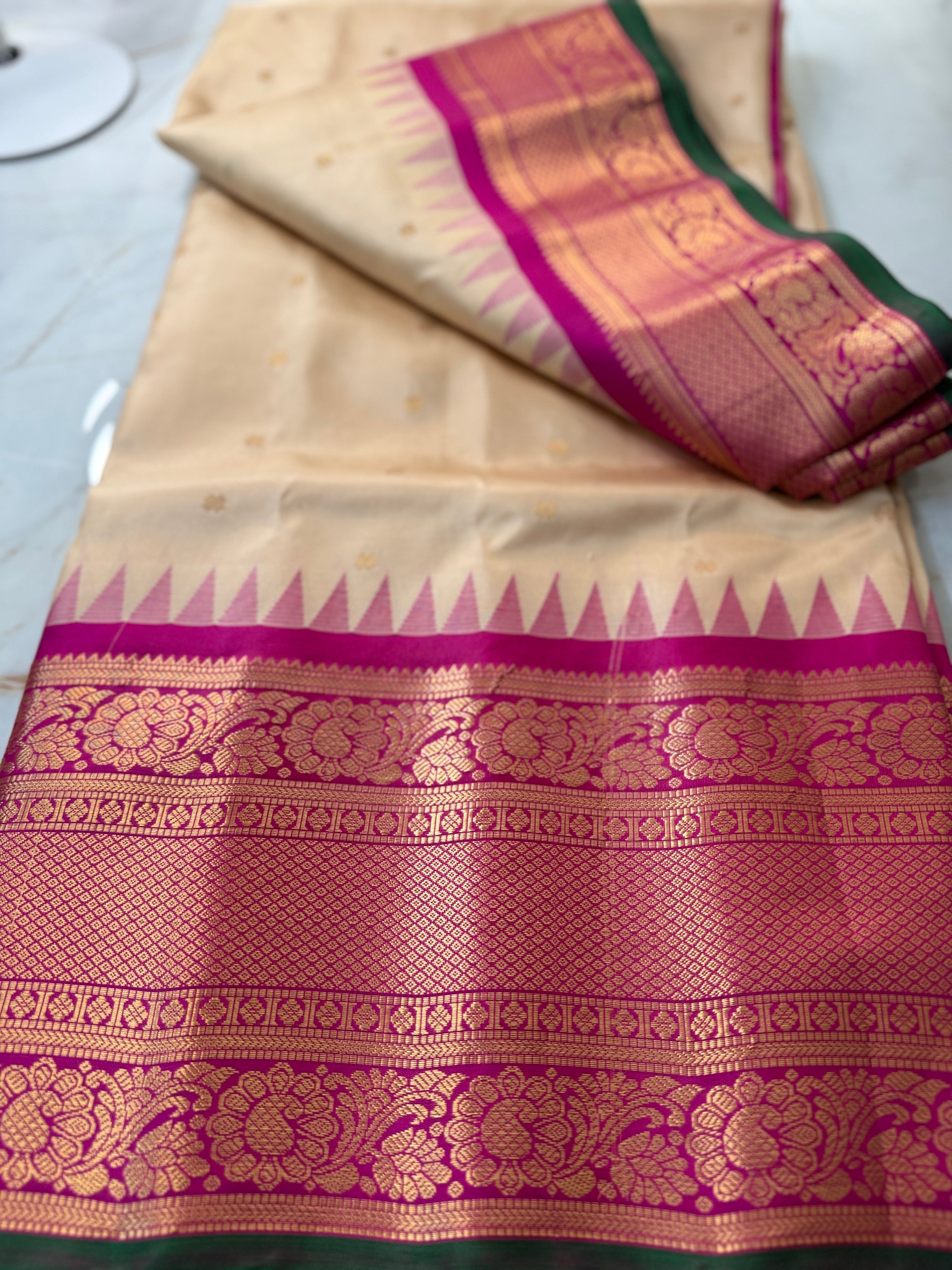 Mahesham Cream Pink Gadwal Pattu Saree