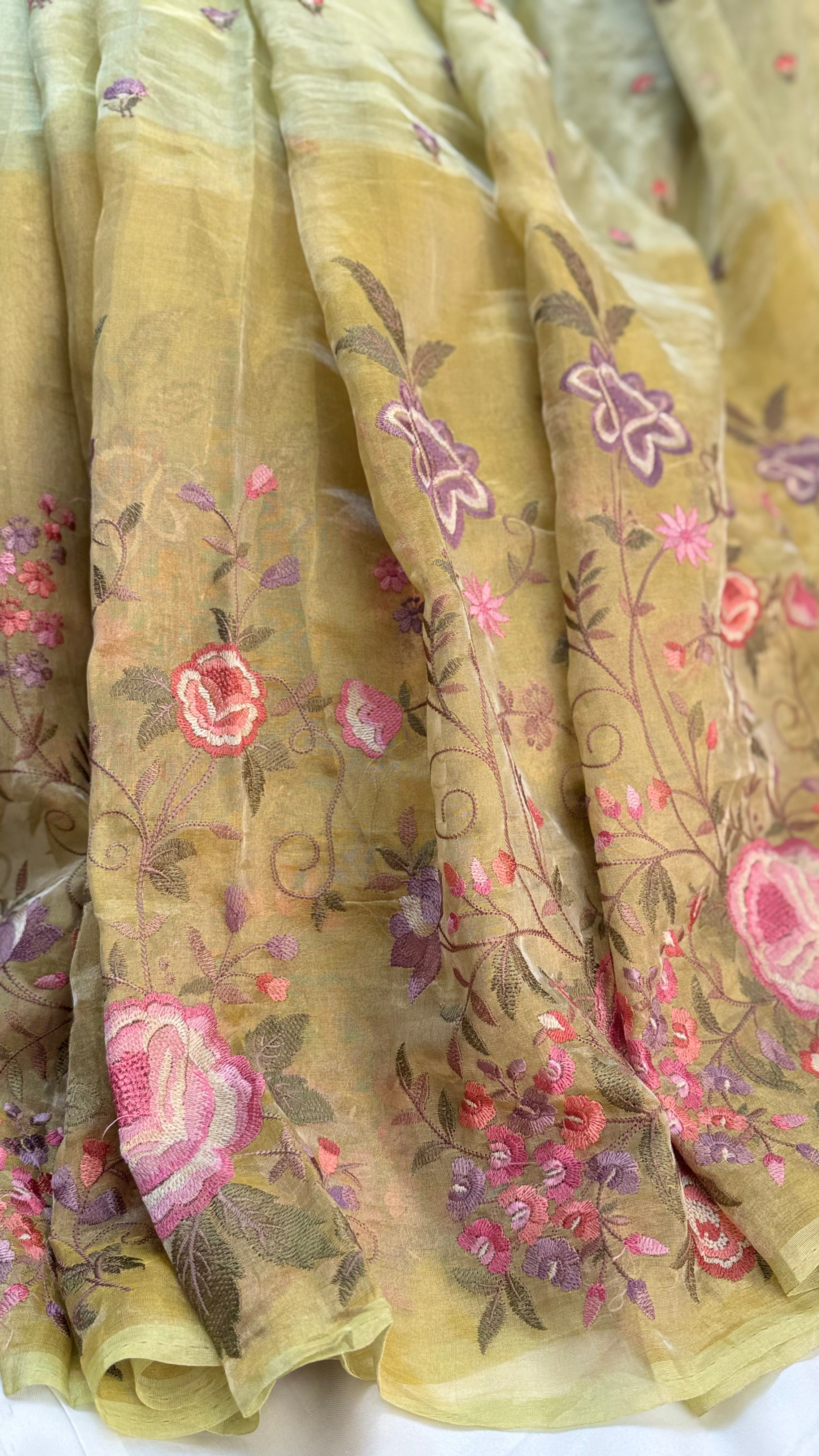 Pure Handloom Tissue Pattu Saree with Iskot weaving technique and Hand Embroidery