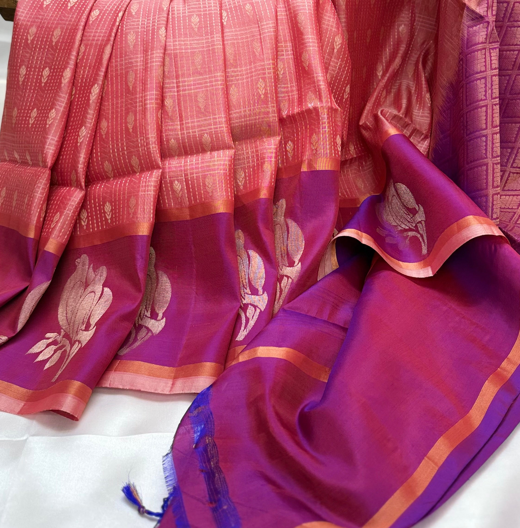 Kanchi Pattu Saree with Peach colour body and Purple border