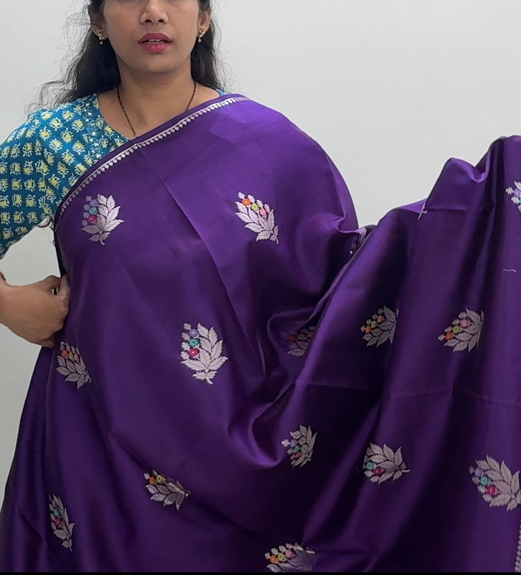 Deep Purple Premium Katan Silk Saree with Silver Zari Floral Motifs