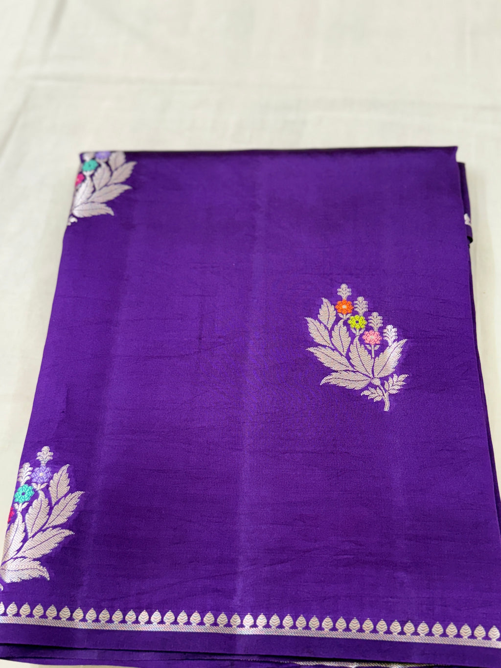Deep Purple Premium Katan Silk Saree with Silver Zari Floral Motifs