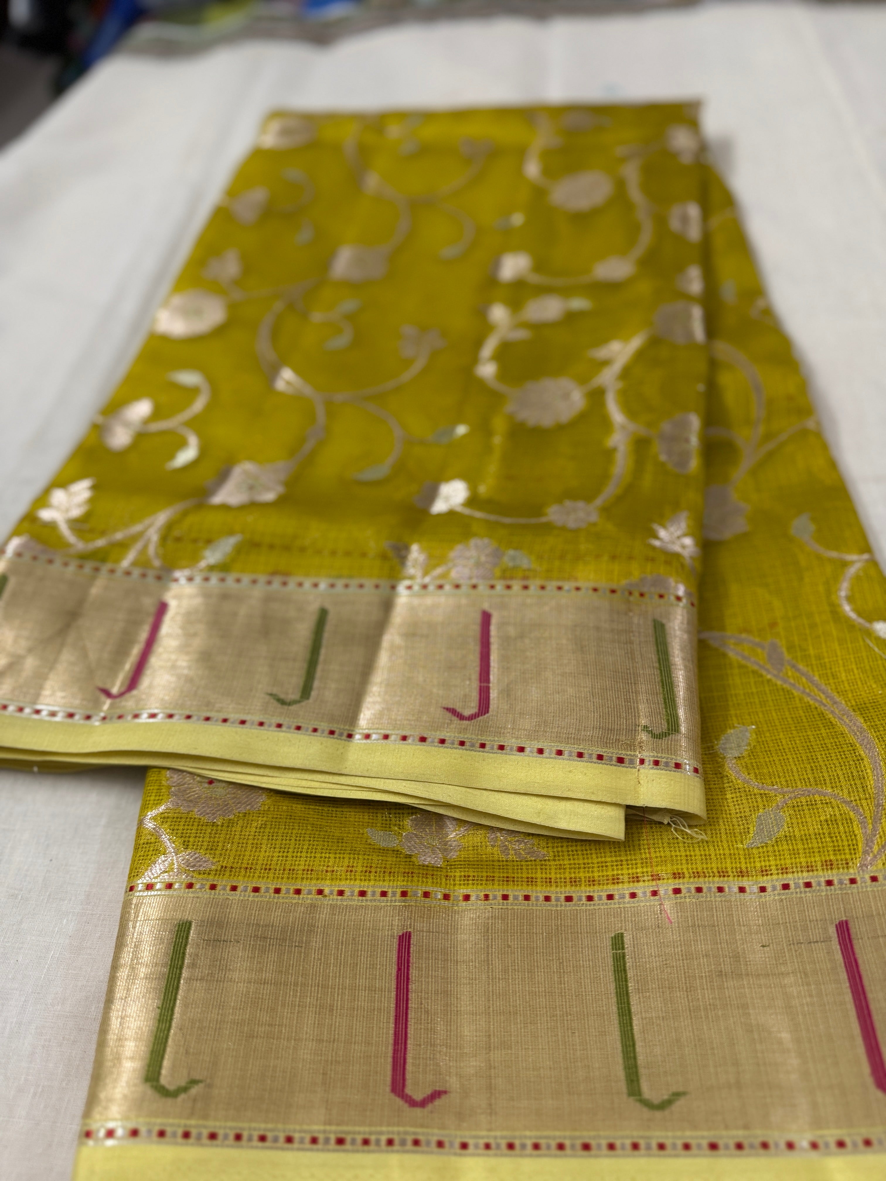Lime Green Kota Silk Saree with Muniya Border