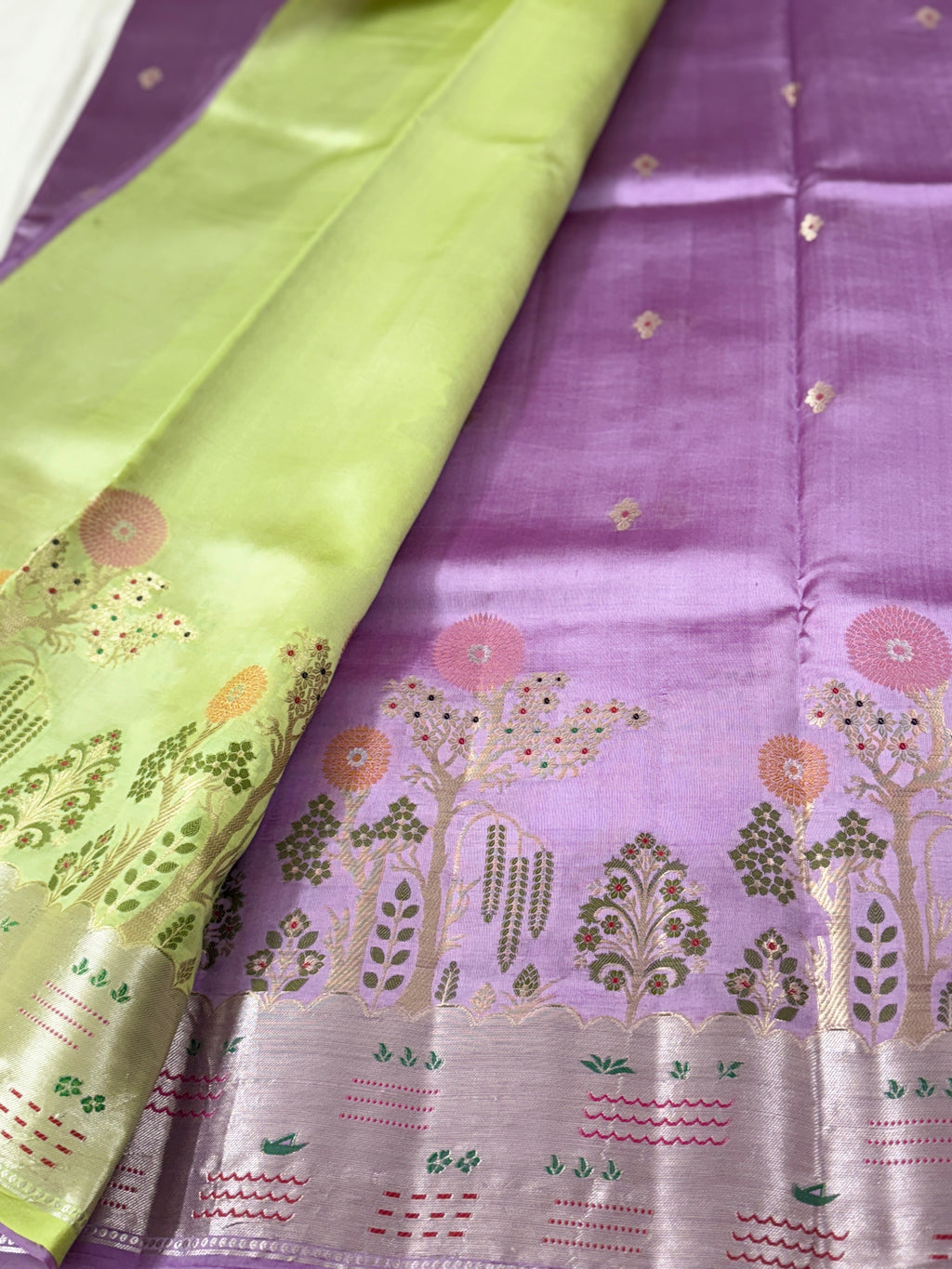Pastel Lavender Katan Silk Saree with Wide Silver Zari Border