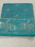 Teal Blue Katan Silk Saree with Silver Zari Bird Motifs