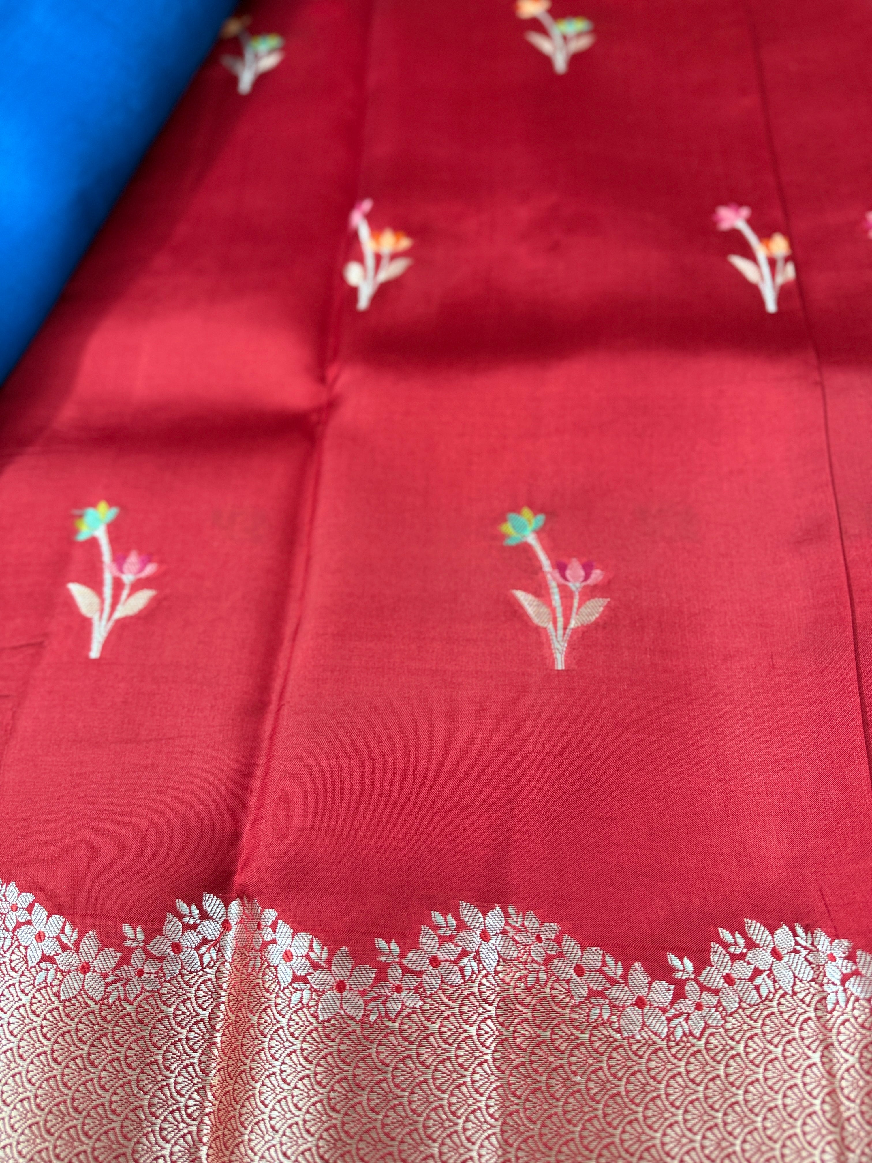 Red Katan Silk Saree with Colourful Floral Buttis
