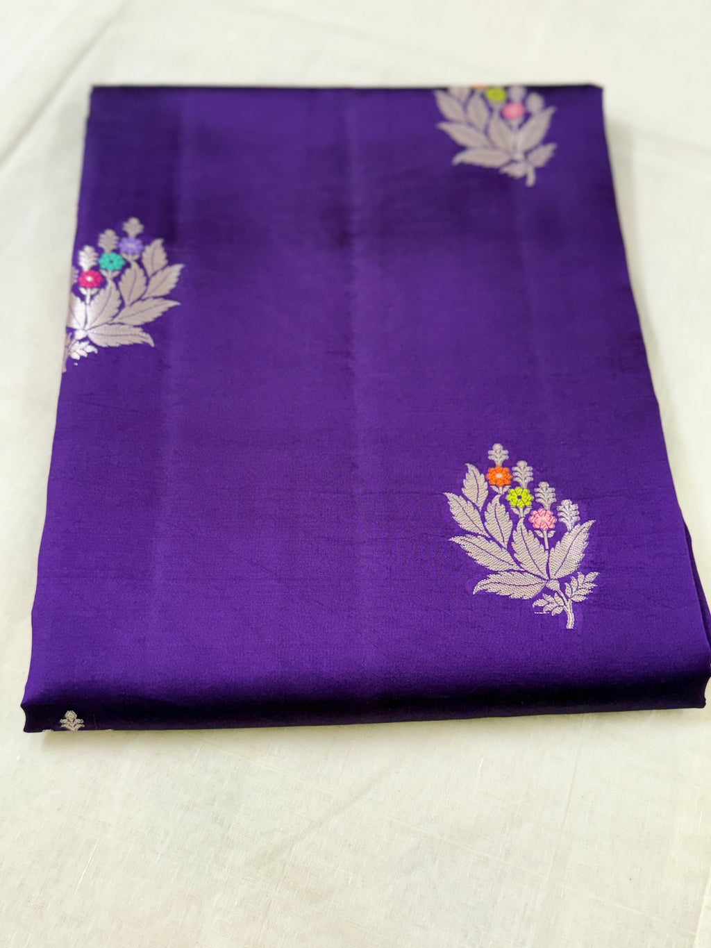 Deep Purple Premium Katan Silk Saree with Silver Zari Floral Motifs