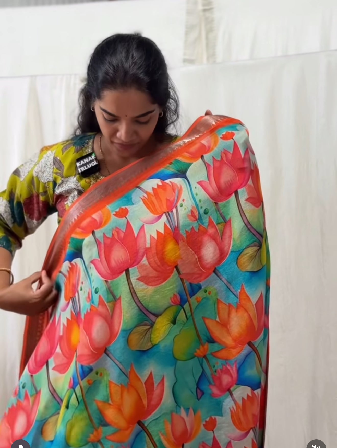 Digital printed Mangalagiri Saree with Lotus print