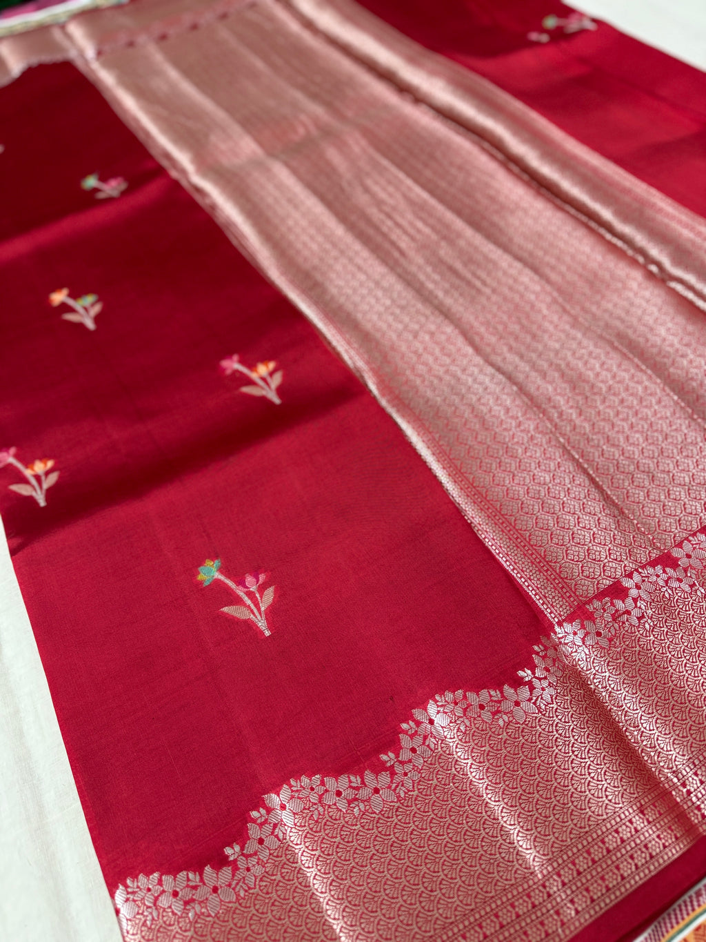 Red Katan Silk Saree with Colourful Floral Buttis