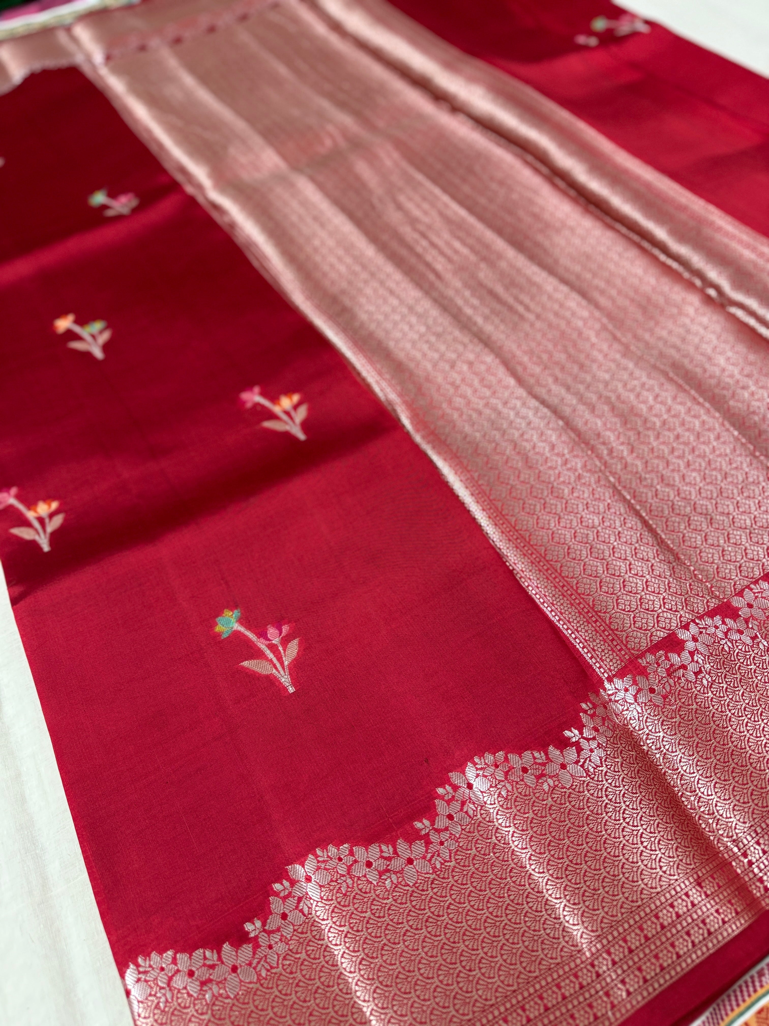 Red Katan Silk Saree with Colourful Floral Buttis