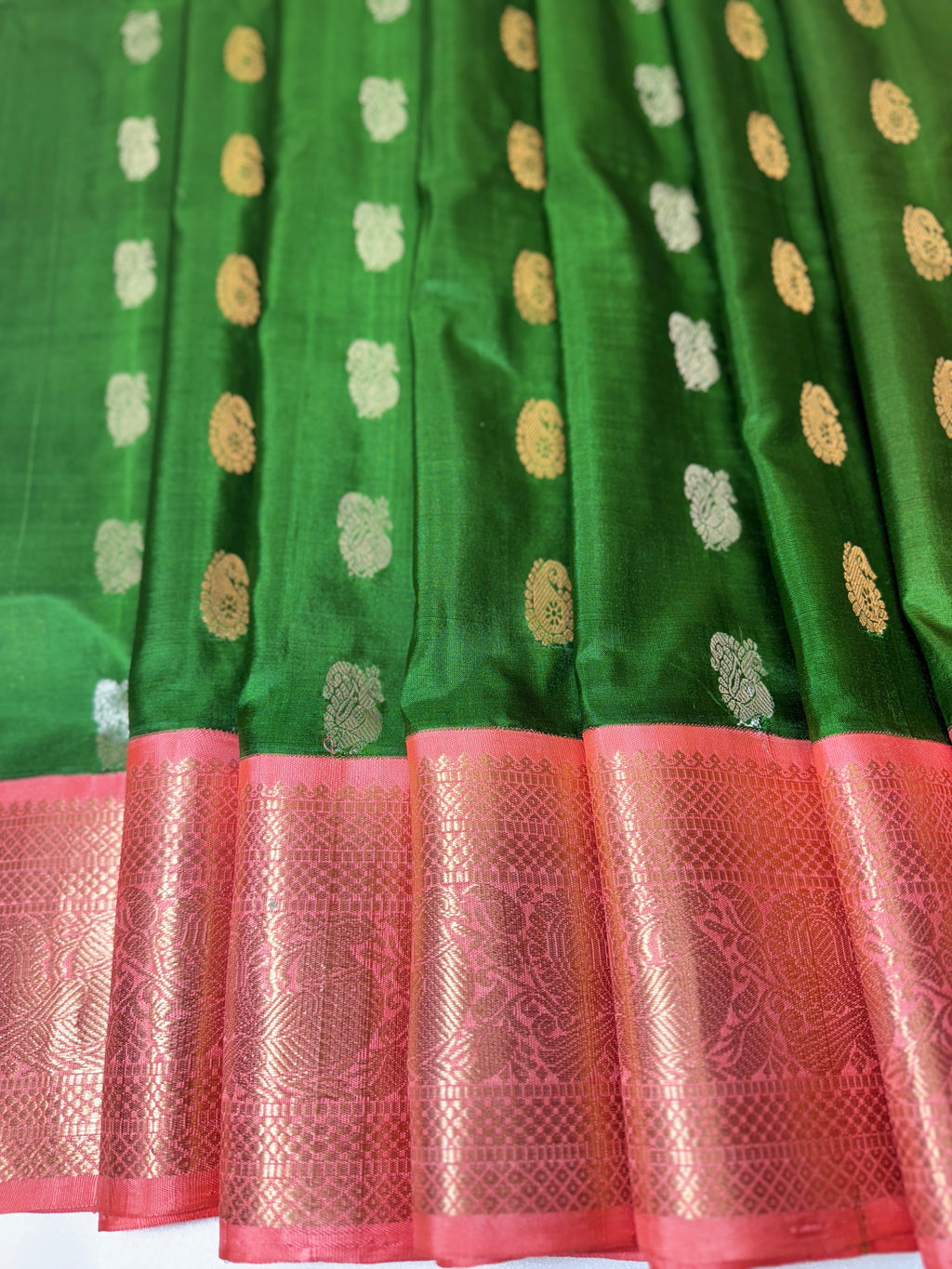 Kausalya Gadwal Pattu Saree with Kanchi Border woven Silver and Gold buttas  and korvai border