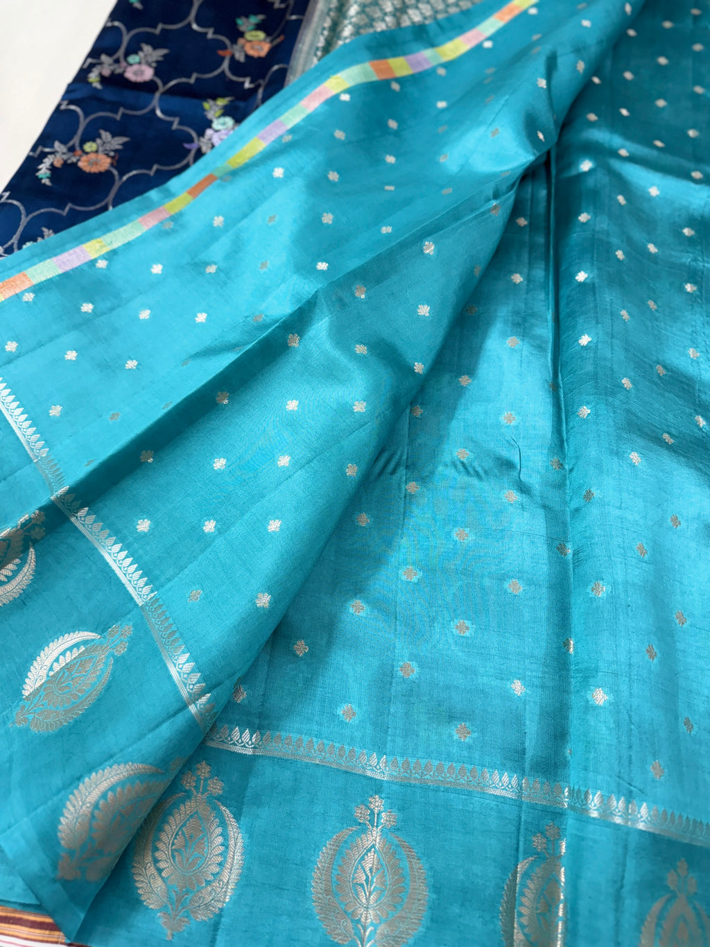 Blue Banarasi Katan Silk Saree with Jaali Pattern & Floral Buttis
