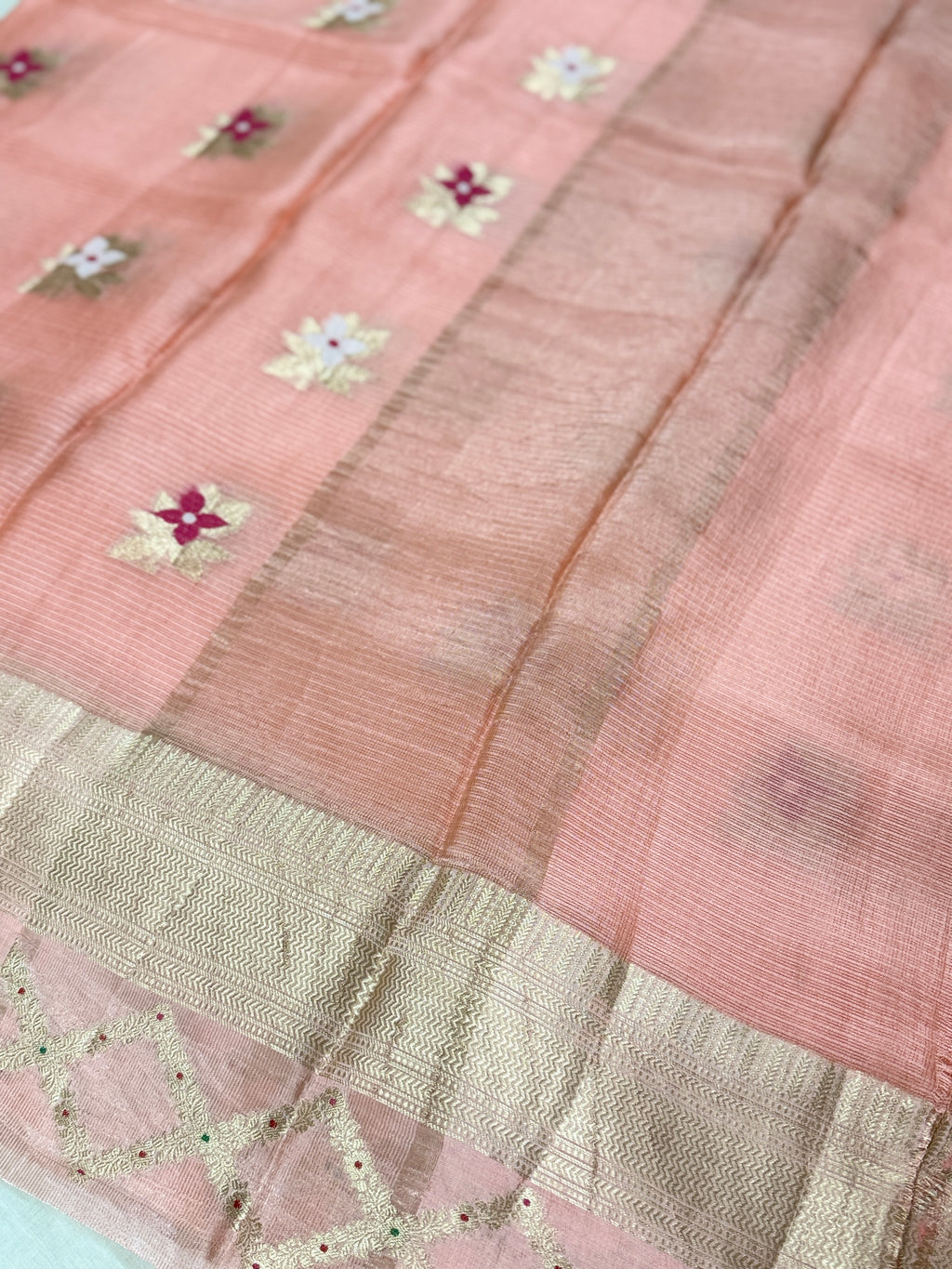 Pastel Pink Silk Kota Saree with Floral Buttis & Gold Zari Border