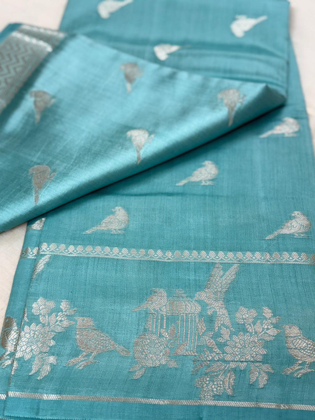 Teal Blue Katan Silk Saree with Silver Zari Bird Motifs