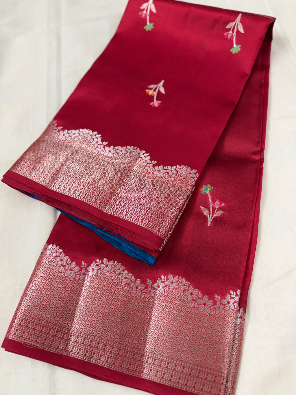 Red Katan Silk Saree with Colourful Floral Buttis