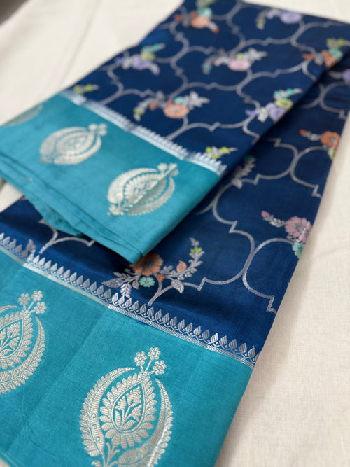 Blue Banarasi Katan Silk Saree with Jaali Pattern & Floral Buttis
