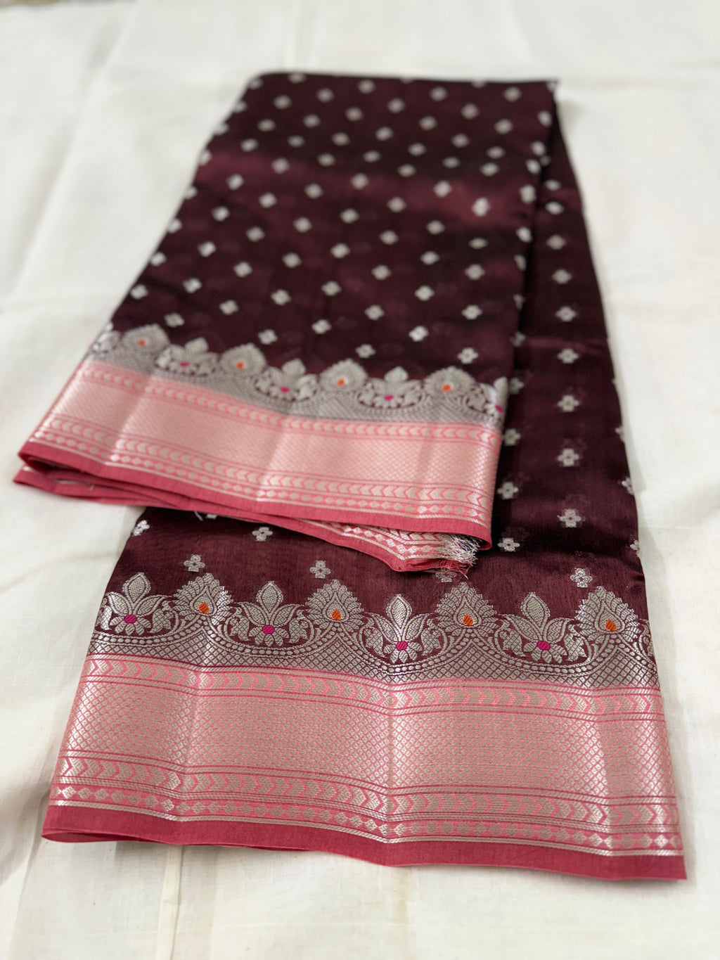 Raw Mango Chocolate Brown Saree with Floral Buttis