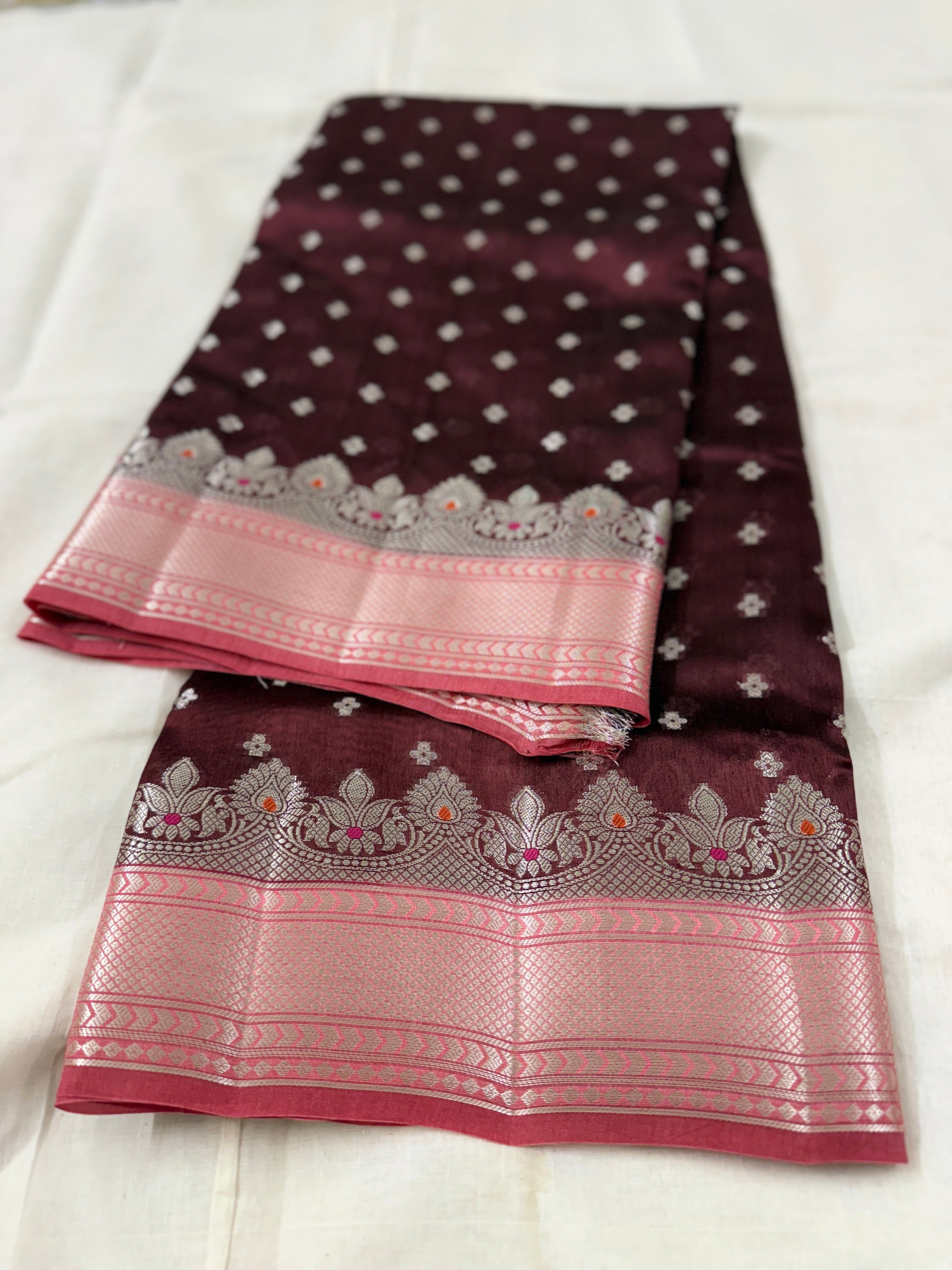 Raw Mango Chocolate Brown Saree with Floral Buttis