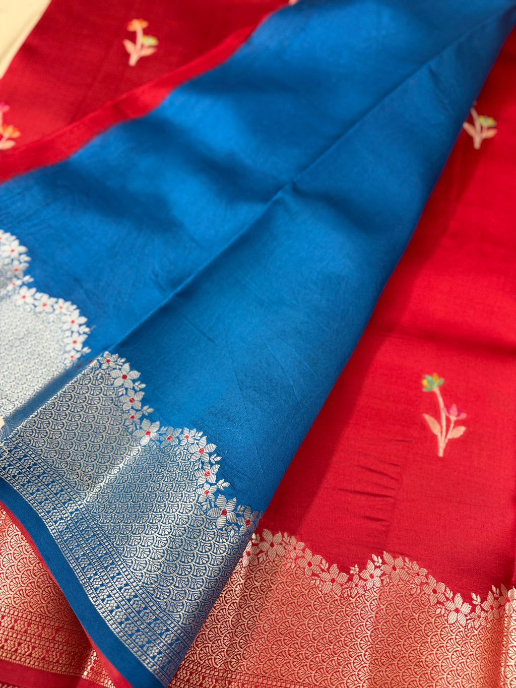 Red Katan Silk Saree with Colourful Floral Buttis