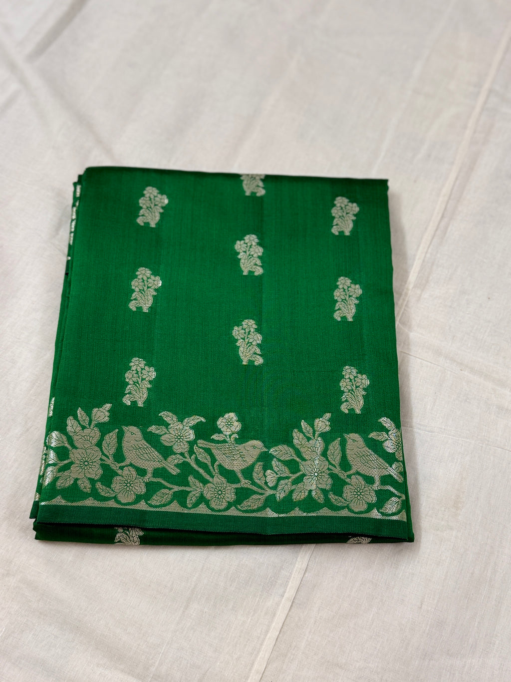 Bottle Green Katan Silk Saree with Silver Zari Bird & Floral Border