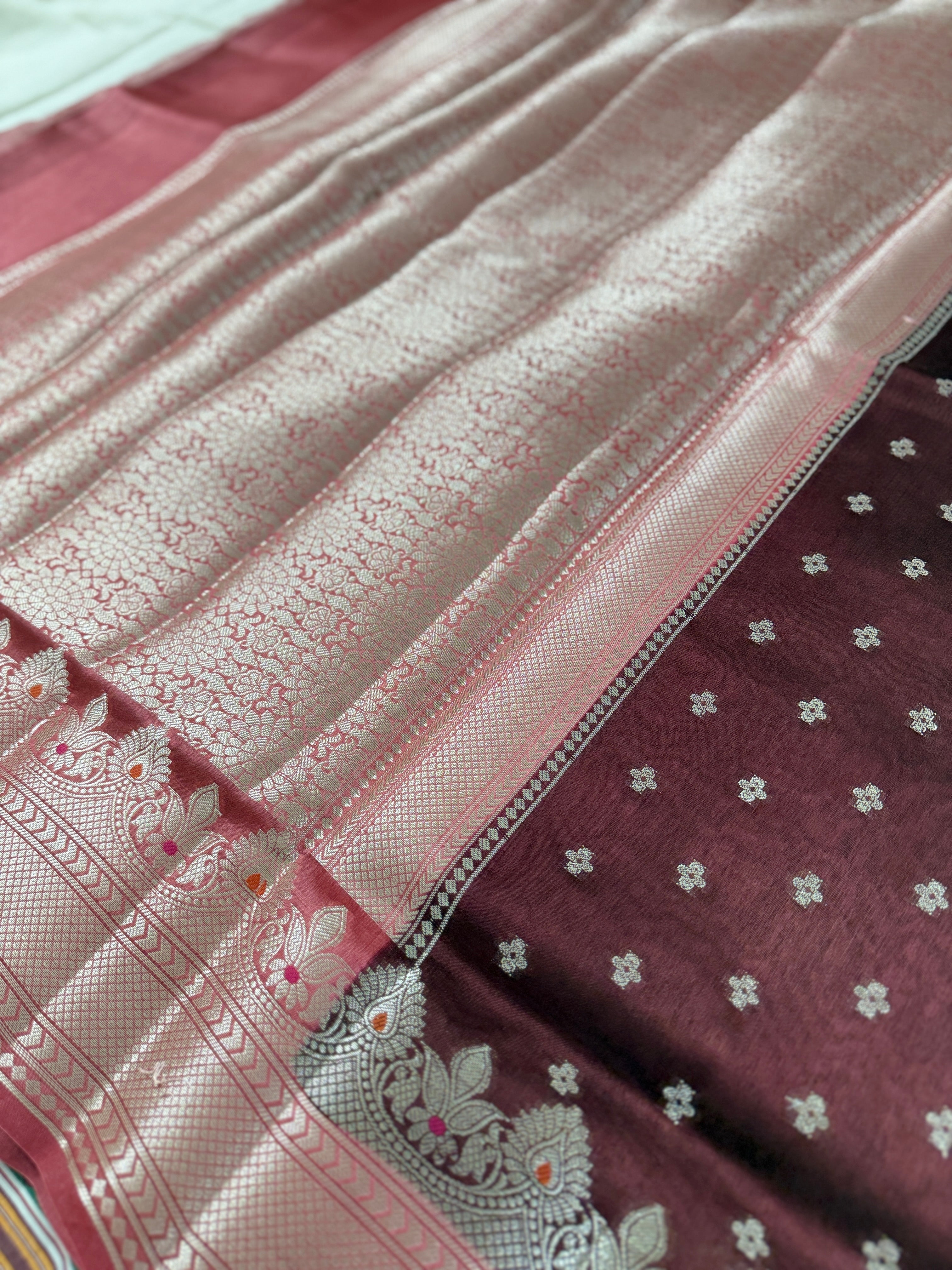Raw Mango Chocolate Brown Saree with Floral Buttis