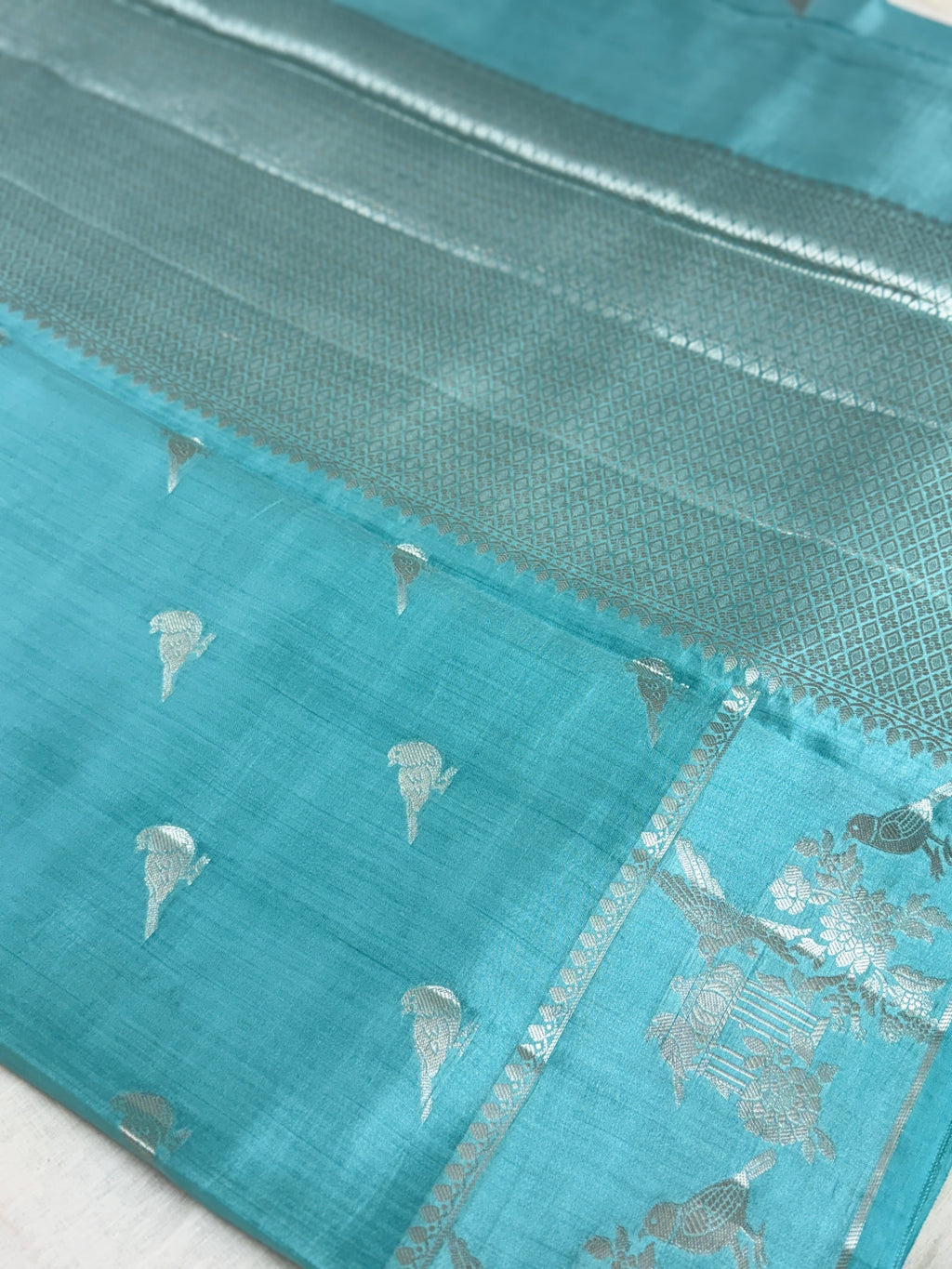 Teal Blue Katan Silk Saree with Silver Zari Bird Motifs