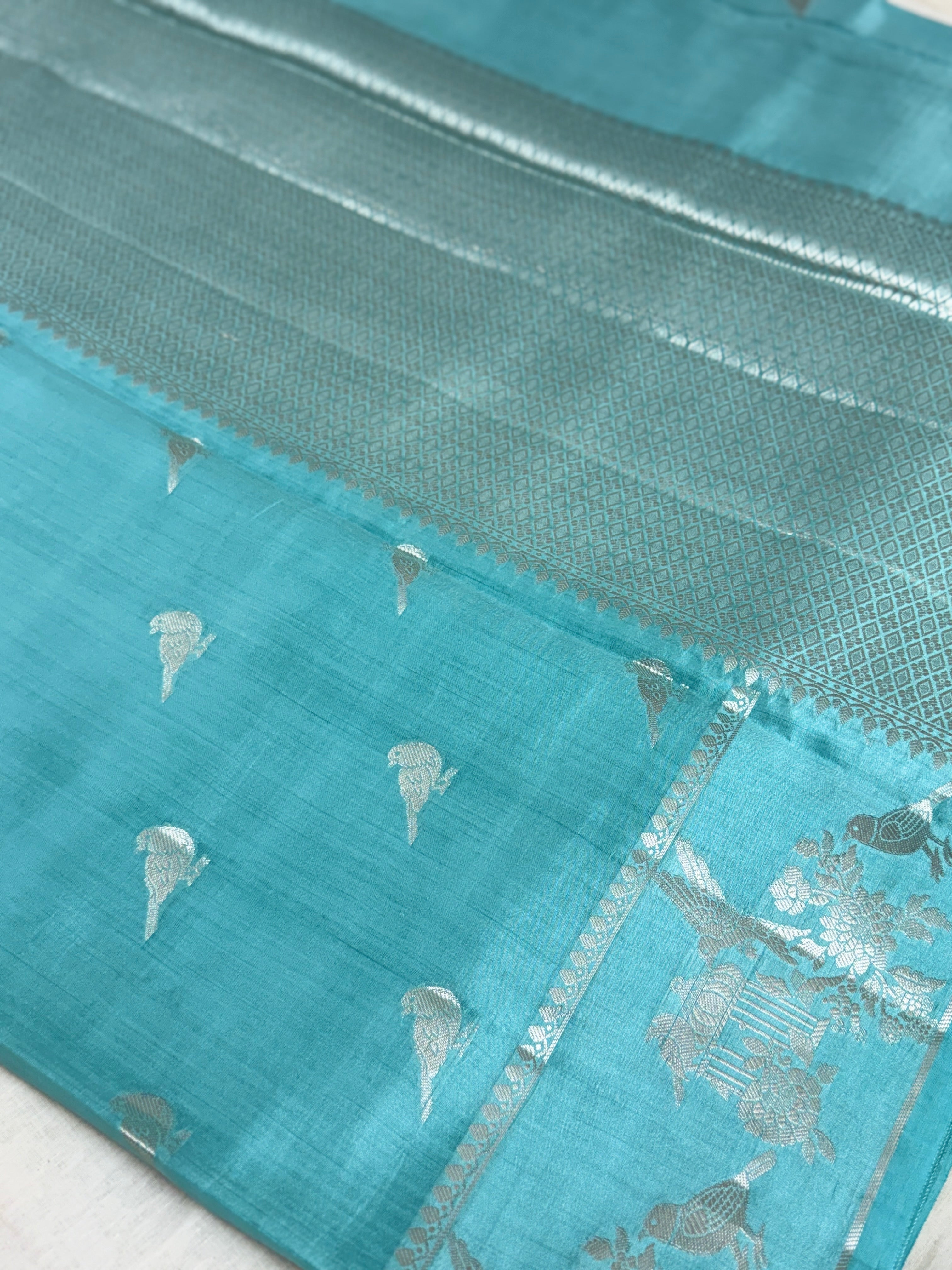 Teal Blue Katan Silk Saree with Silver Zari Bird Motifs