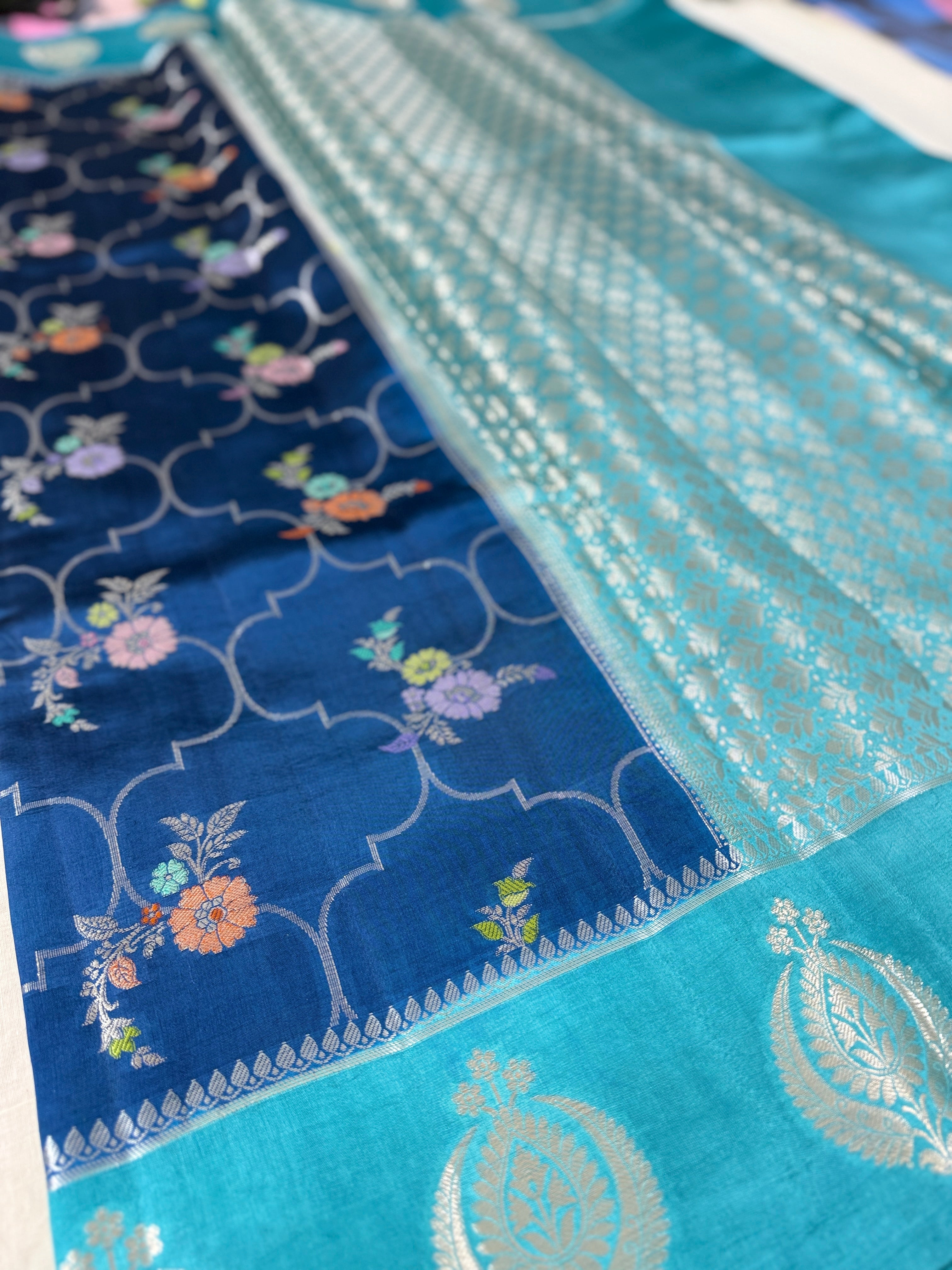 Blue Banarasi Katan Silk Saree with Jaali Pattern & Floral Buttis