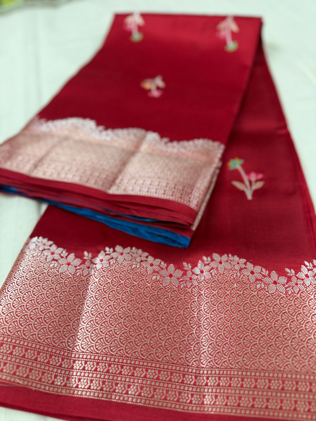 Red Katan Silk Saree with Colourful Floral Buttis