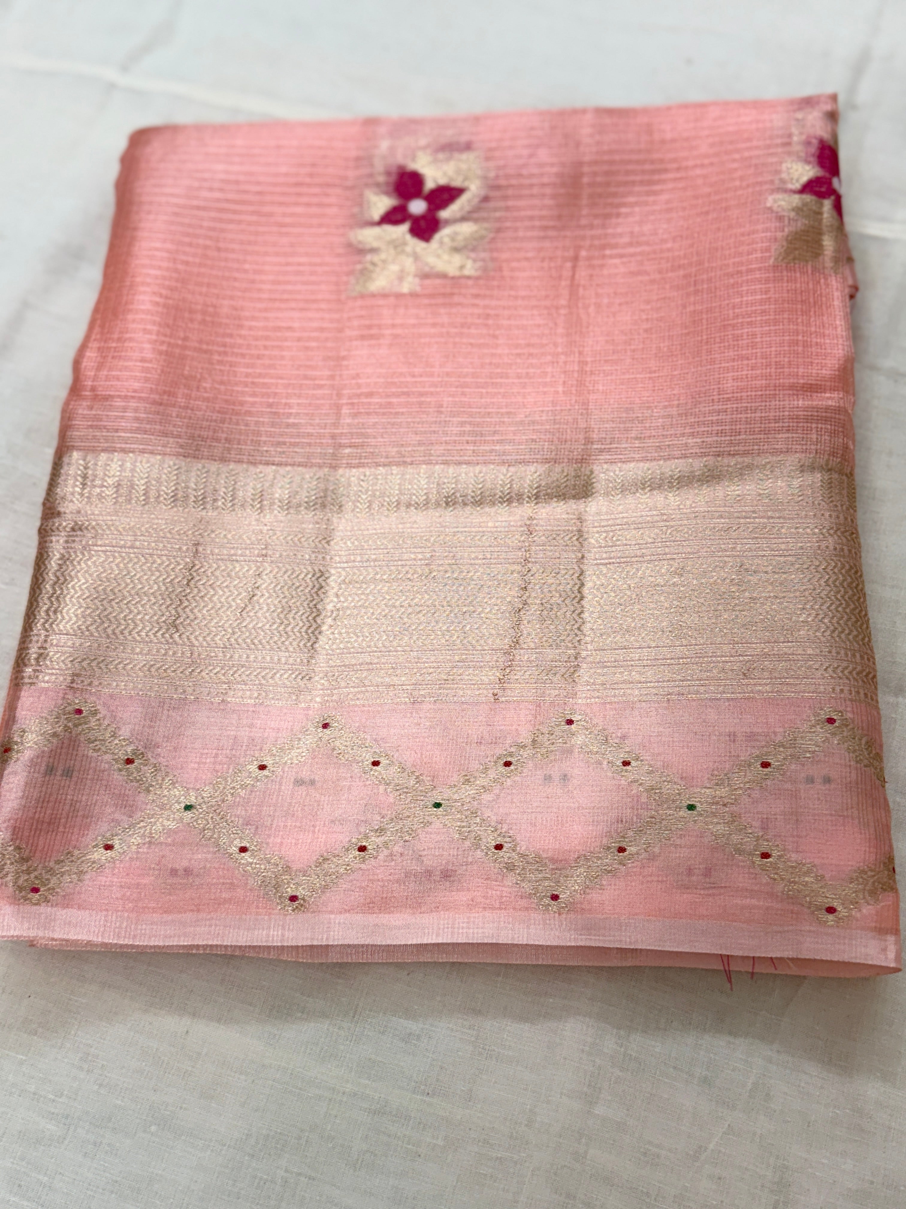 Pastel Pink Silk Kota Saree with Floral Buttis & Gold Zari Border